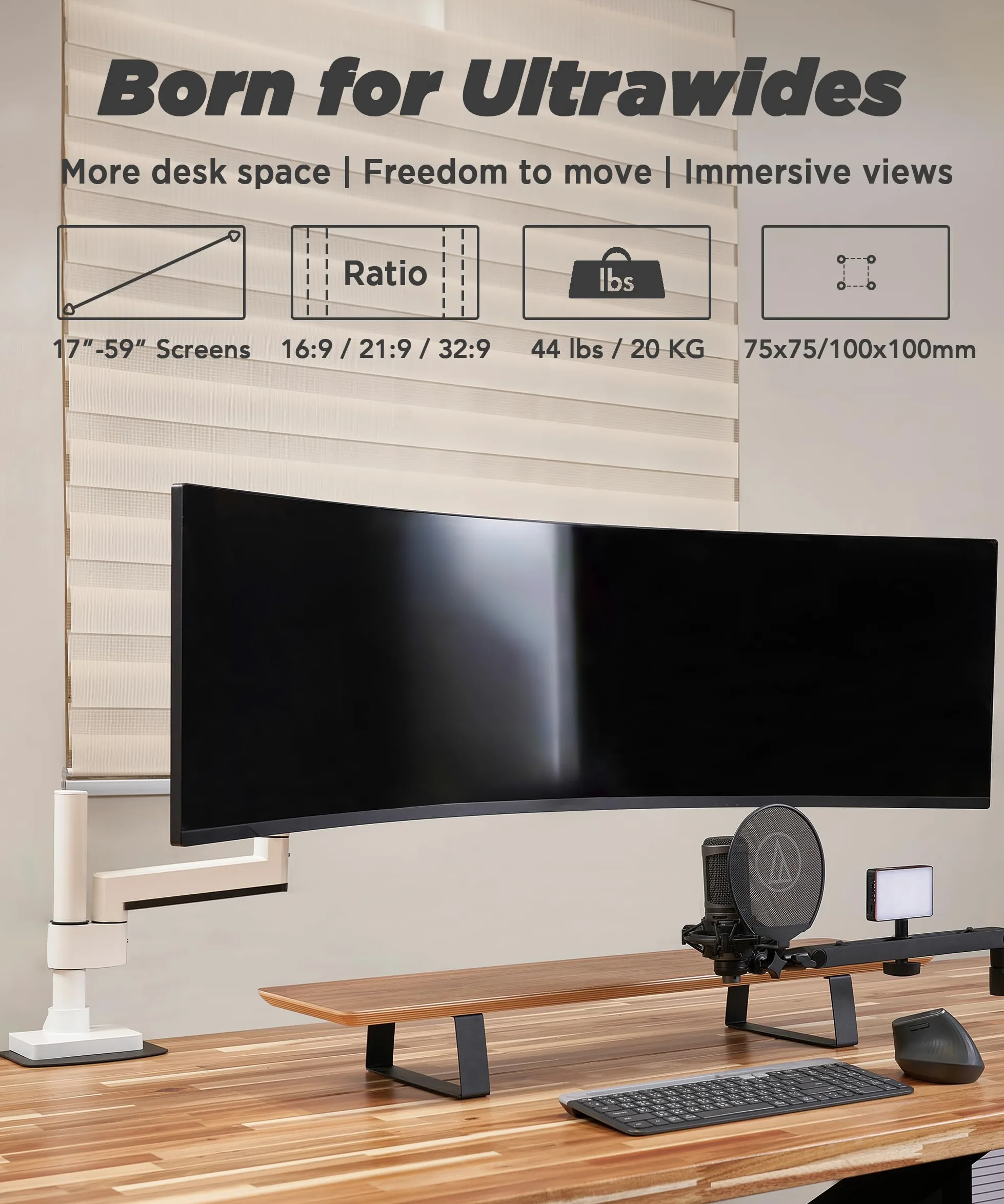 ULTRARM Braccio Heavy Duty per Monitor 57” – Regolabile in Altezza con Molla Pneumatica, Supporto da Scrivania VESA 75x75/100x100, Fino a 20 kg, Bianco, MA20PW-S