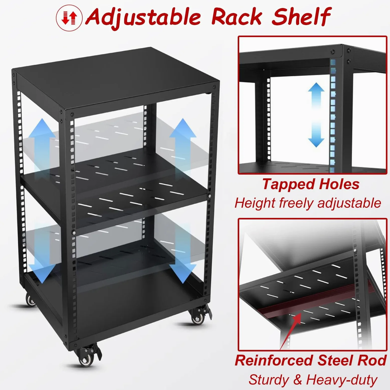 Vibeo Rack di Rete a Telaio Aperto Rack per Server Ventilato con Ripiani e 4 Ruote, Rack di Rete a Telaio Aperto 12U 16U 20U, Sistema Rack Audio per Apparecchiature di Rete da 48 cm(12U,1 Tier)