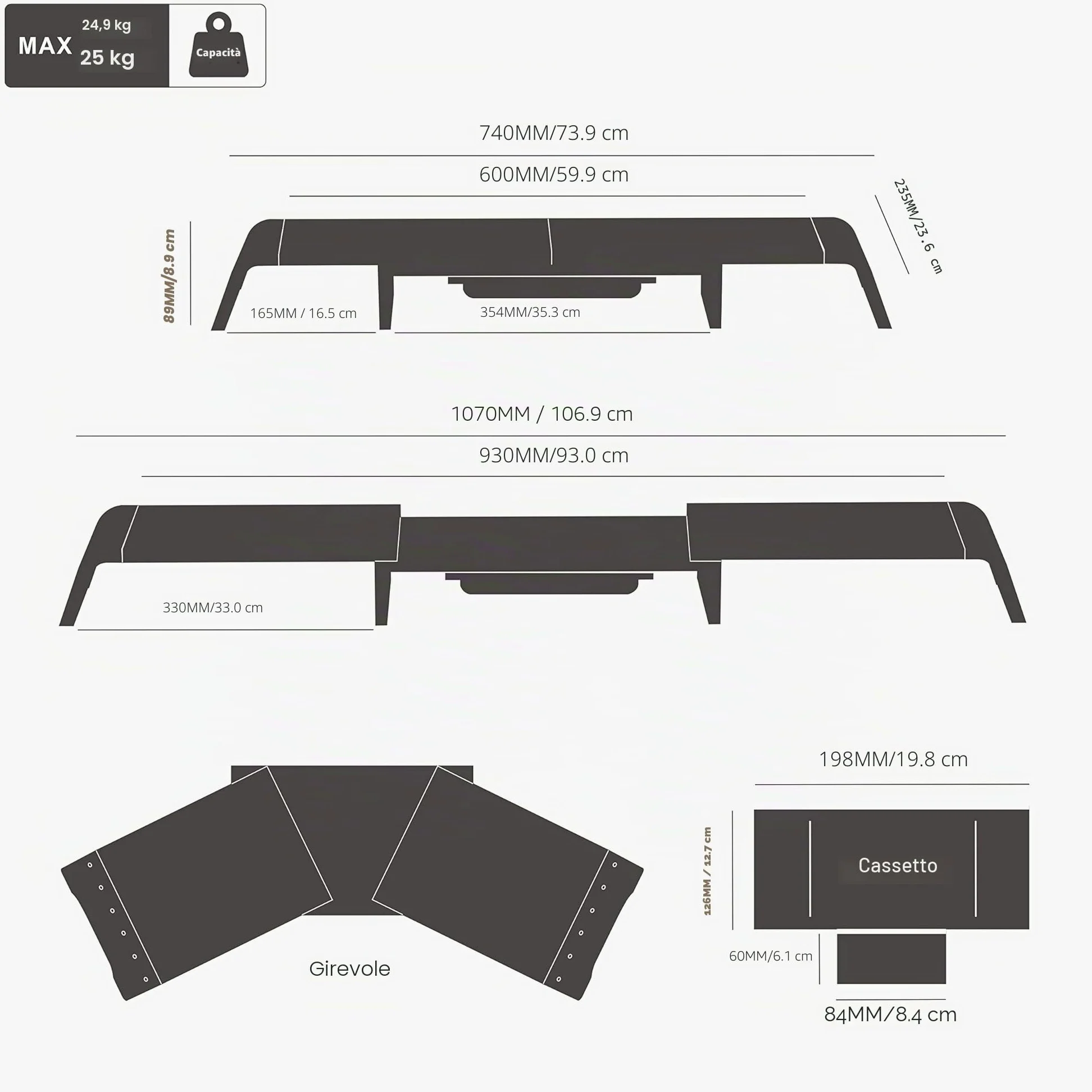 Fenge Supporto Monitor Regolabile in Lunghezza e Angolazione per 2 Monitor Supporto per Monitor in Legno con Cassetto, Scatole Di Stoccaggio Mobili 74-107x 23,5x 8,9cm Nero G04B1102B