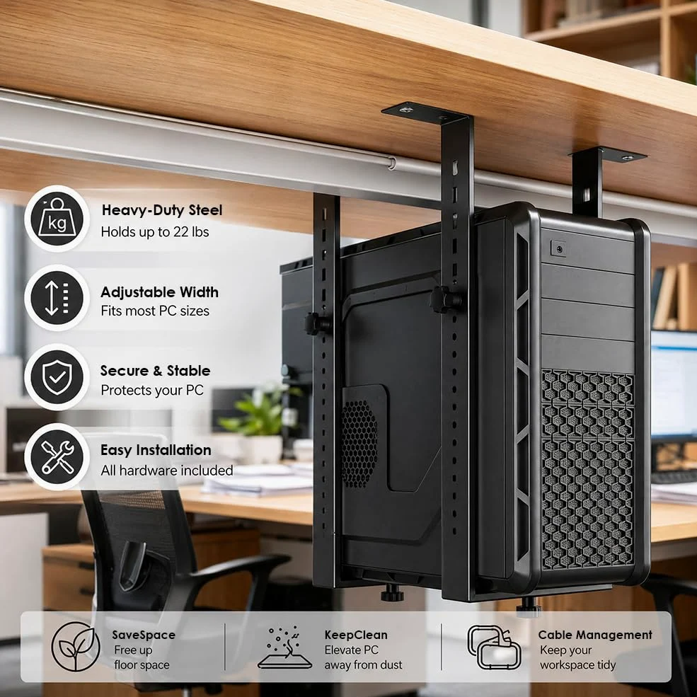 Supporto sottotavolo per PC per case del computer, supporto per PC sotto la scrivania, supporto regolabile per computer sotto la scrivania, supporto da appendere, salvaspazio, funziona con la maggior