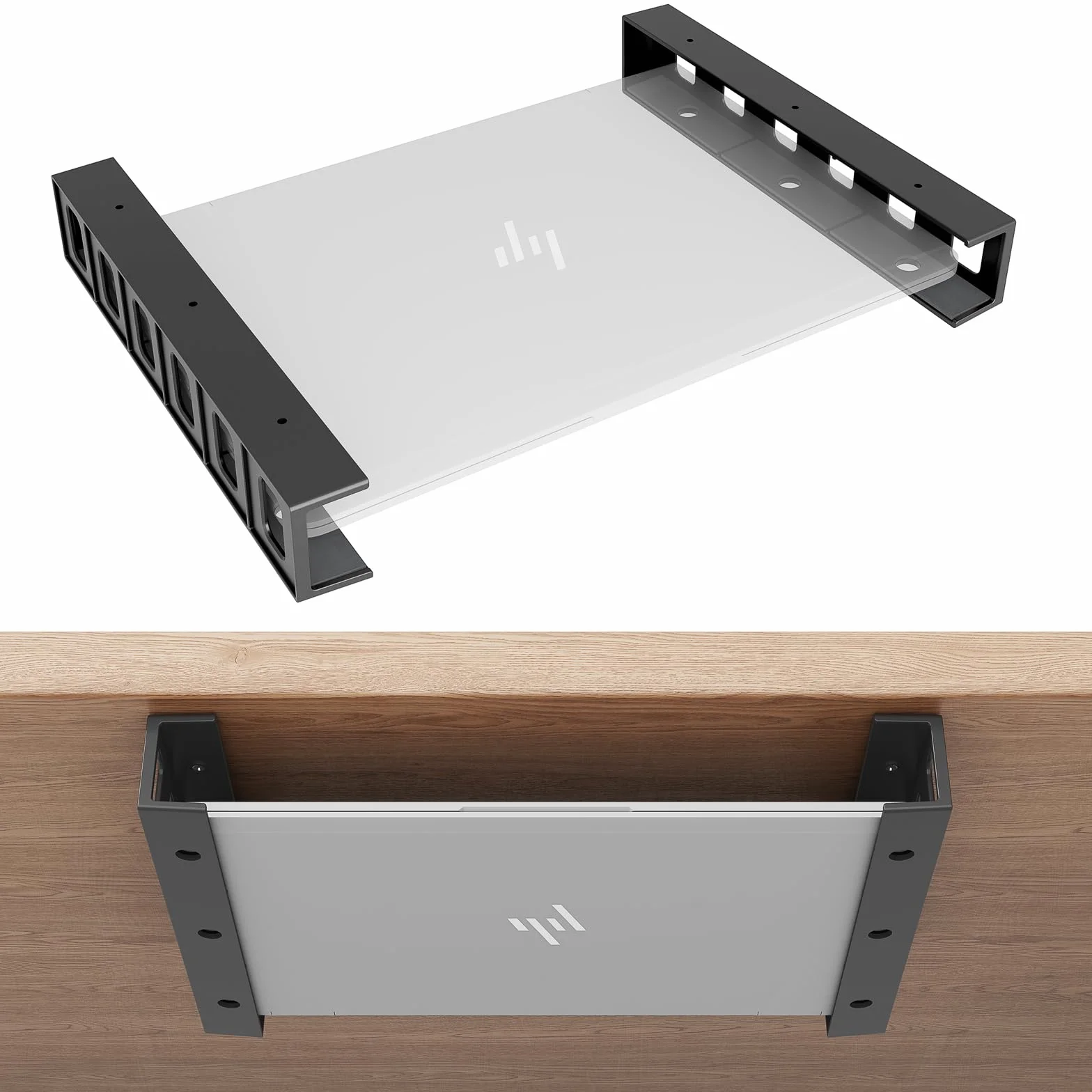sciuU Supporto Sotto Scrivania/da Parete, Portaoggetti Multifunzione per Laptop, Tablet, Tastiere, Modem, TV Box, Organizer Salvaspazio per Scrivania e Parete, per Dispositivi < 4 cm