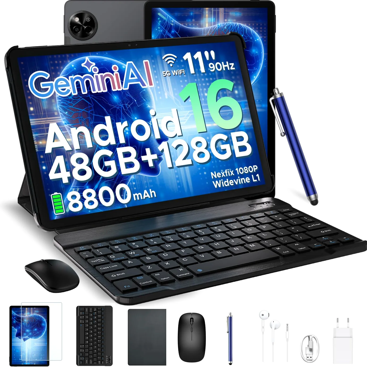 P11 Tablet Android 16, Tablet 11 Pollici con 48 GB RAM + 128 GB ROM/TF 2 TB, T7250 Tablet con Tastiera, Display 90Hz, 8800mAh, Gemini AI, Widevine L1, Face ID, WiFi5, Penna, tastiera, Nero