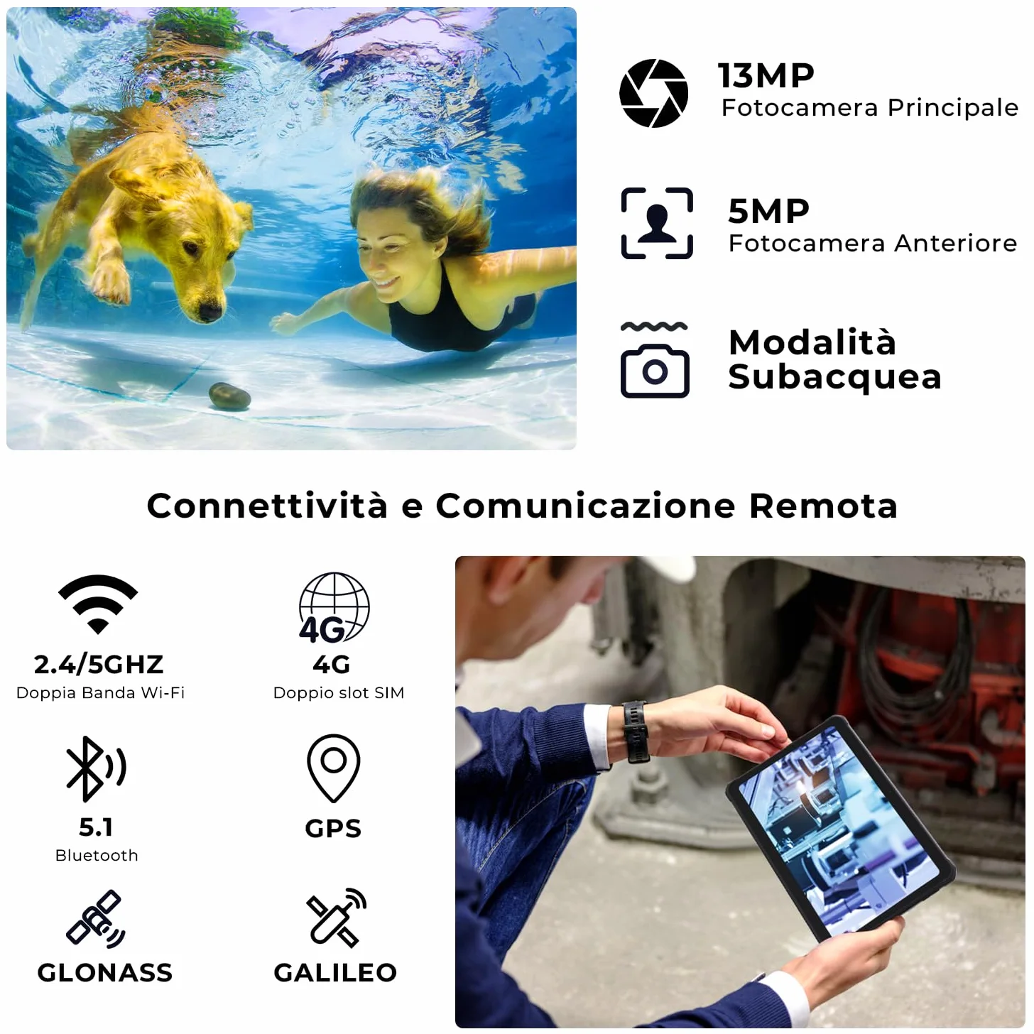 HOTWAV R8 Rugged Tablet 10.1 Pollici Android 14 Tablet PC Robusto 10800mAh, 12GB+128GB Octa-core 1TB Espandibile IP68/69K Tablet Impermeabile 13MP 4G Dual SIM 5G WiFi Face ID/OTG/GPS