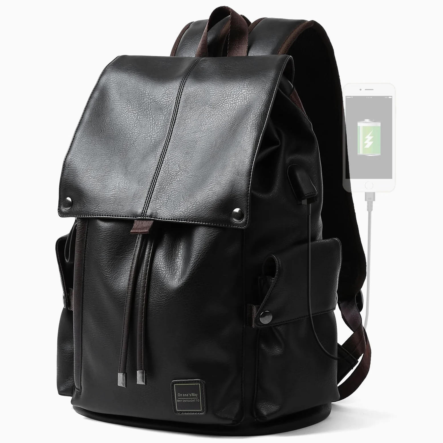 Zaino in Pelle Impermeabile per Laptop 15,6 Pollici, Vintage Elegante per Donna, Lavoro Uomo in Pelle Sintetica, Nero Con Presa USB per Affari, Scuola, Viaggi, Università