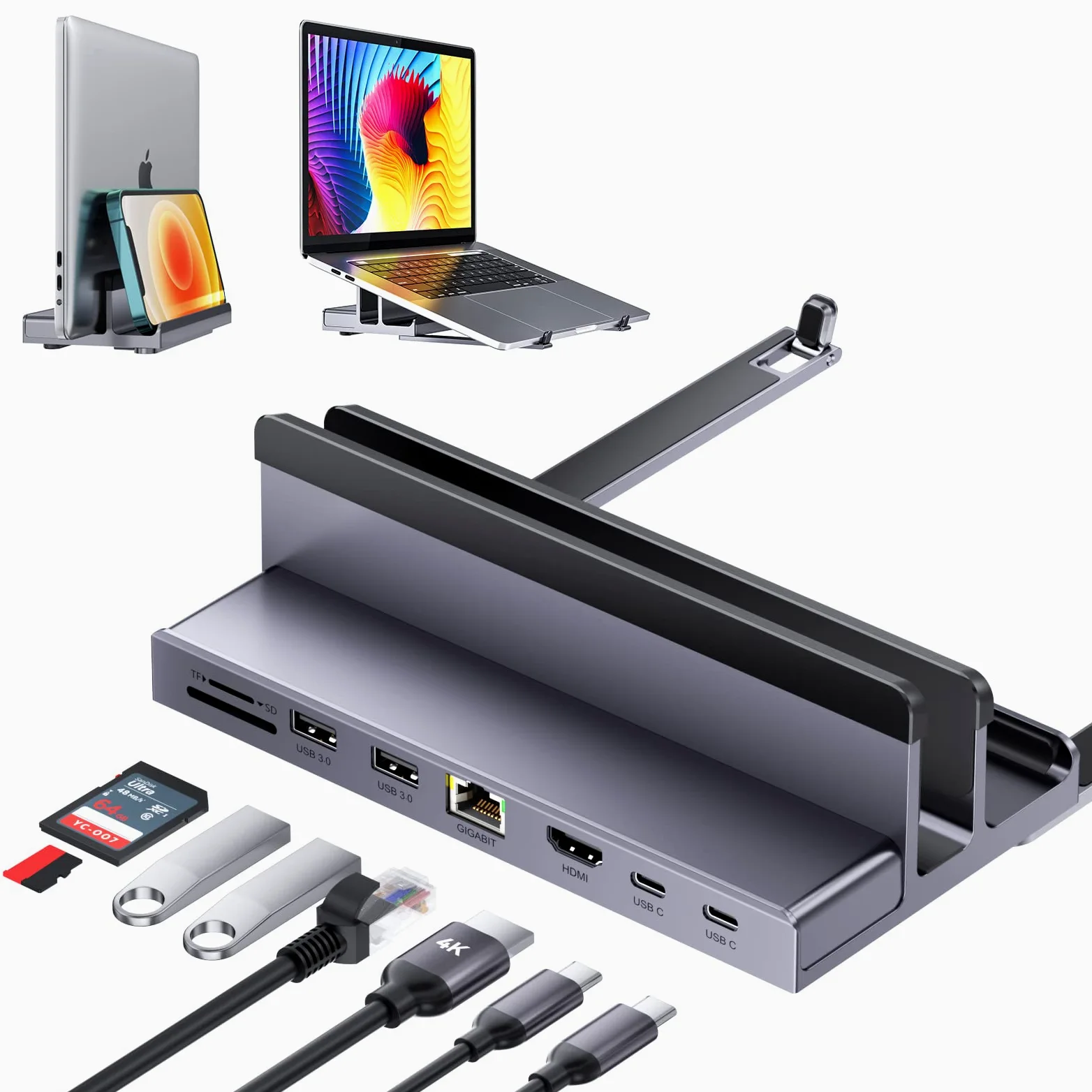 Dock USB C, QUUGE 8 in 1 MacBook Dock con HDMI 4K@60Hz, 2x USB 3.0, Gigabit Ethernet, 100 W PD, SD/TF 3.0, Laptop Docking Station con supporto per MacBook Air/Pro M3, Dell
