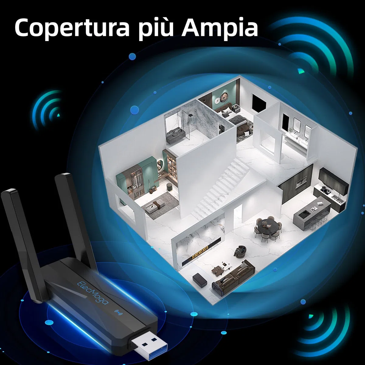 ElecMoga WiFi USB, 1300Mbps Chiavetta WiFi per PC Fisso, 3.0 USB WiFi Antenna WiFi 2.4GHz/5.8GHz Dual Band Chiavetta Internet per PC/Desktop/Laptopper, WiFi Portatile per Windows 11/10/7/XP/Mac OS X