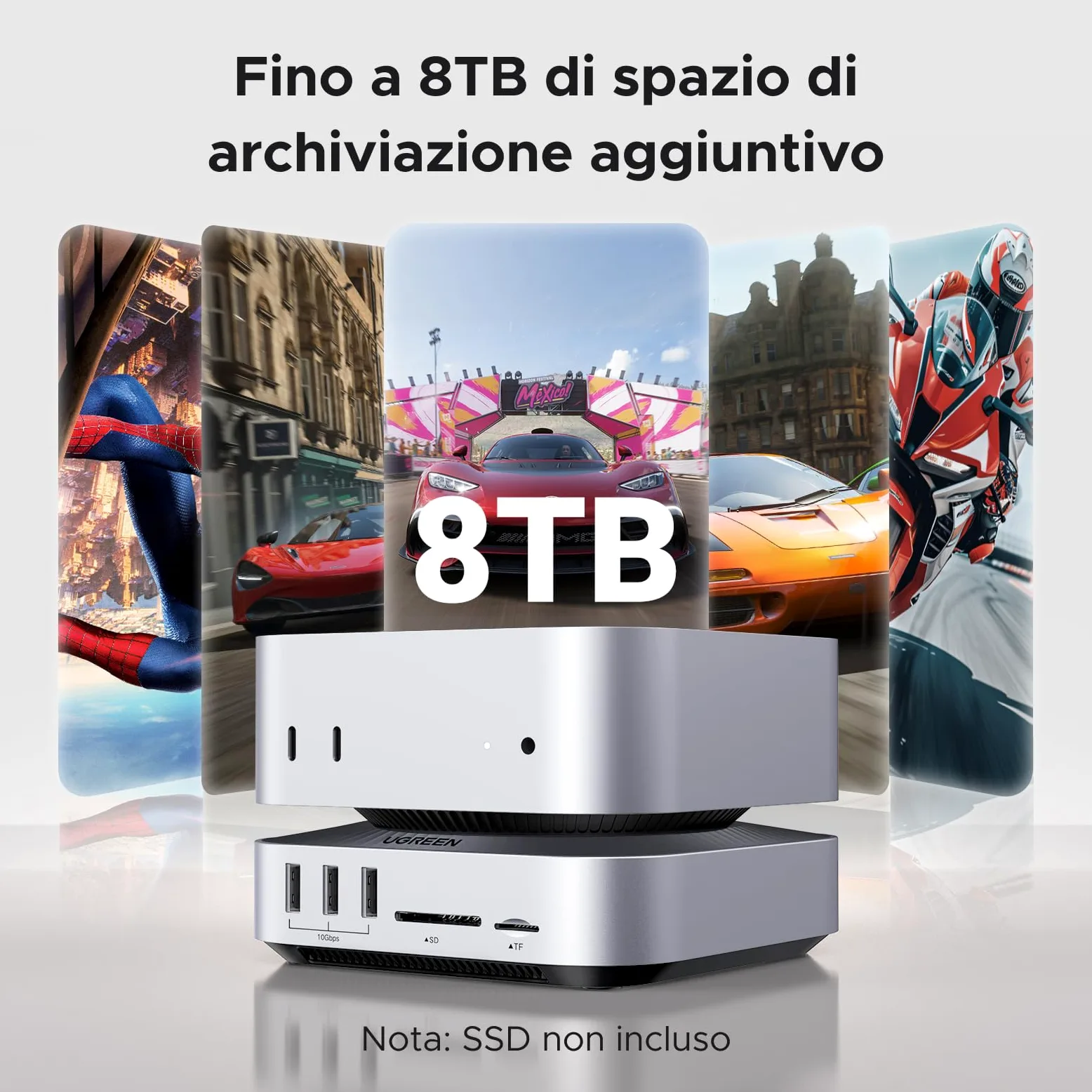 UGREEN USB4.0 40Gbps Docking Station Compatibile con Mac Mini M4 e M4 Pro con Case M.2 NVME SSD 10 in 2 Dock Hub USB C HDMI 8K 30Hz 4K 144Hz 5 Porte USB 10Gbps Lettore di Schede SD TF 4.0 3,5mm