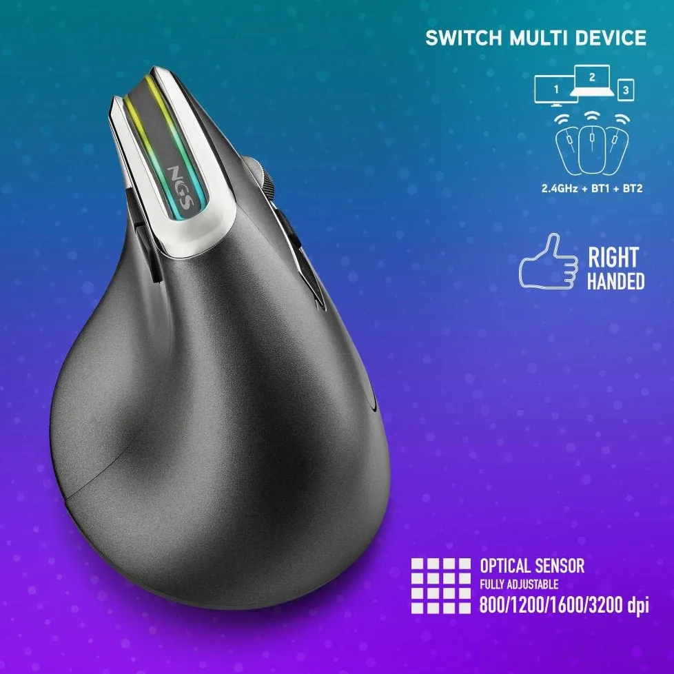 NGS EVO KARMA - Mouse Verticale Ergonomico Senza Fili, Ricaricabile, 5 Pulsanti Silenziosi+Scorrimento, Sensore ottico: 800/1200/1600/3200 DPI, 2.4GHz USB + Bluetooth 3.0 + Bluetooth 5.0, Plug&Play