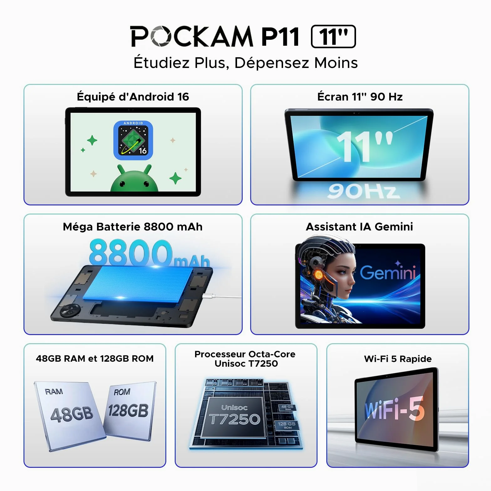 P11 Tablet Android 16, Tablet 11 Pollici con 48 GB RAM + 128 GB ROM/TF 2 TB, T7250 Tablet con Tastiera, Display 90Hz, 8800mAh, Gemini AI, Widevine L1, Face ID, WiFi5, Penna, tastiera, Nero
