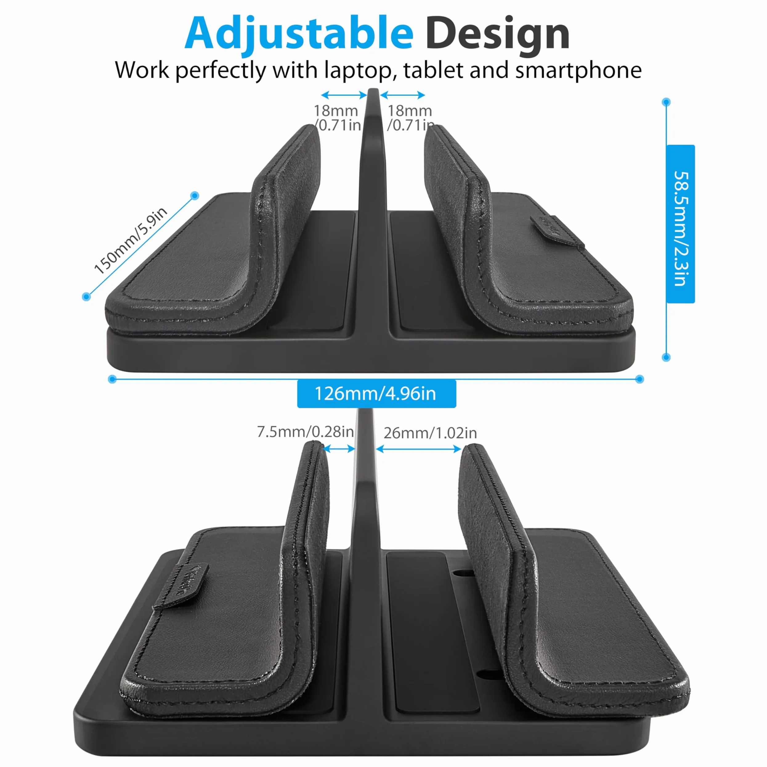 Supporto verticale doppio per laptop, 3 in 1, supporto verticale da scrivania con dock regolabile (fino a 43,3 cm), organizer da scrivania in pelle per telefono, tablet, MacBook, HP, Dell, Chrome Book