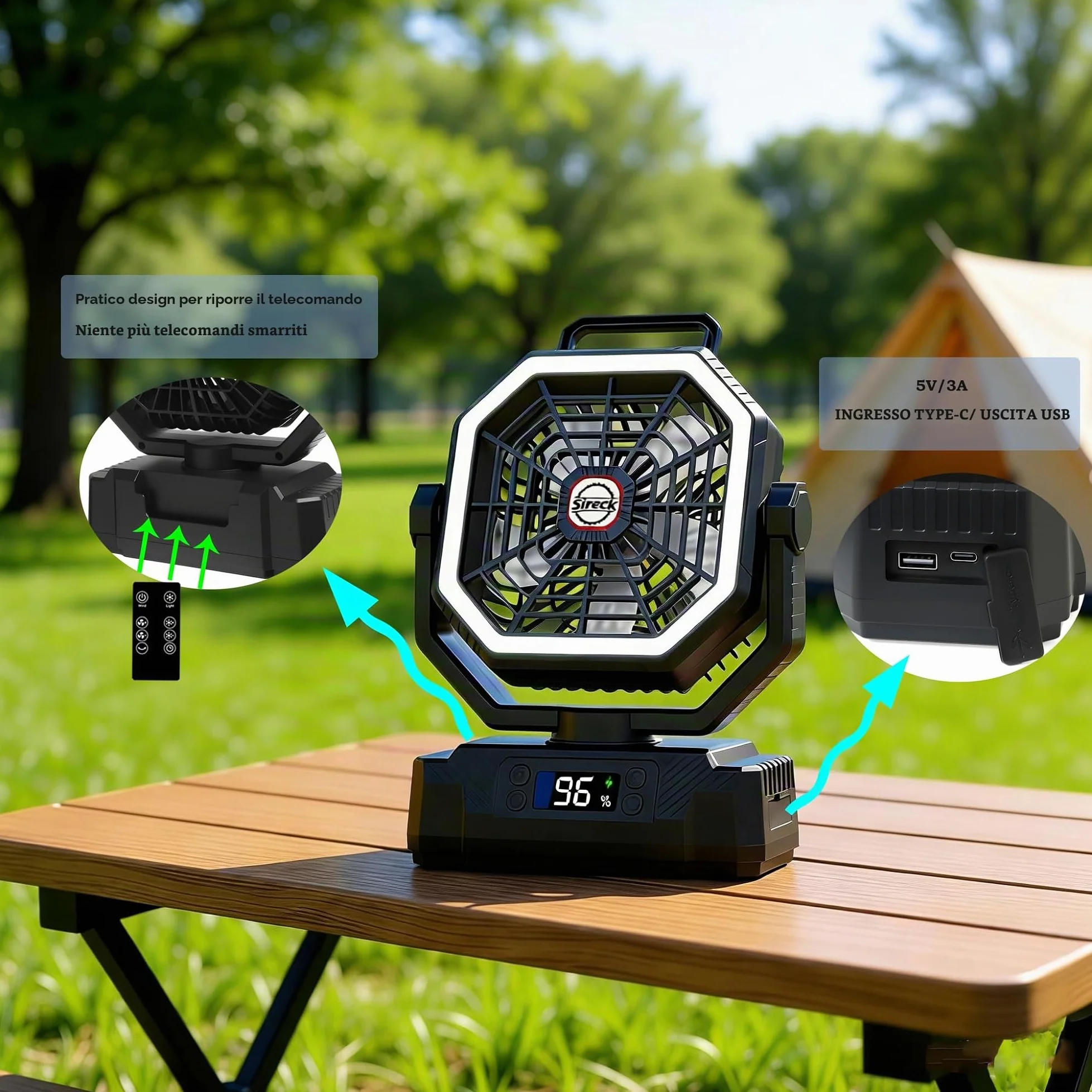 Sireck Ventilatore da campeggio da 40000 mAh, ventilatore personale portatile alimentato a batteria da 25,4 cm, con telecomando, lanterna LED, 5 velocità, timer, display digitale, ventilatore da