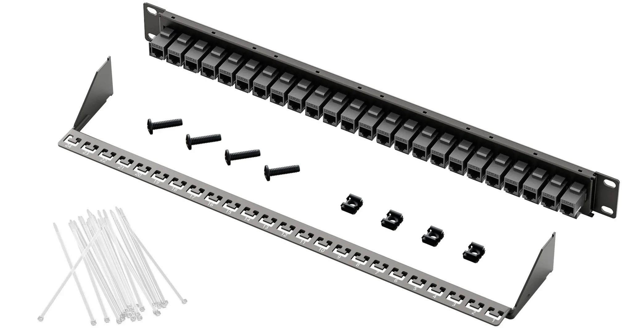 FGB Patch Panel da 10 Gbps a 24 porte, Patch Panel Cat6A 1U, montaggio a rack da 19 pollici o pannello patch Keystone per montaggio a parete con barra posteriore, pannello patch di rete per cablaggio