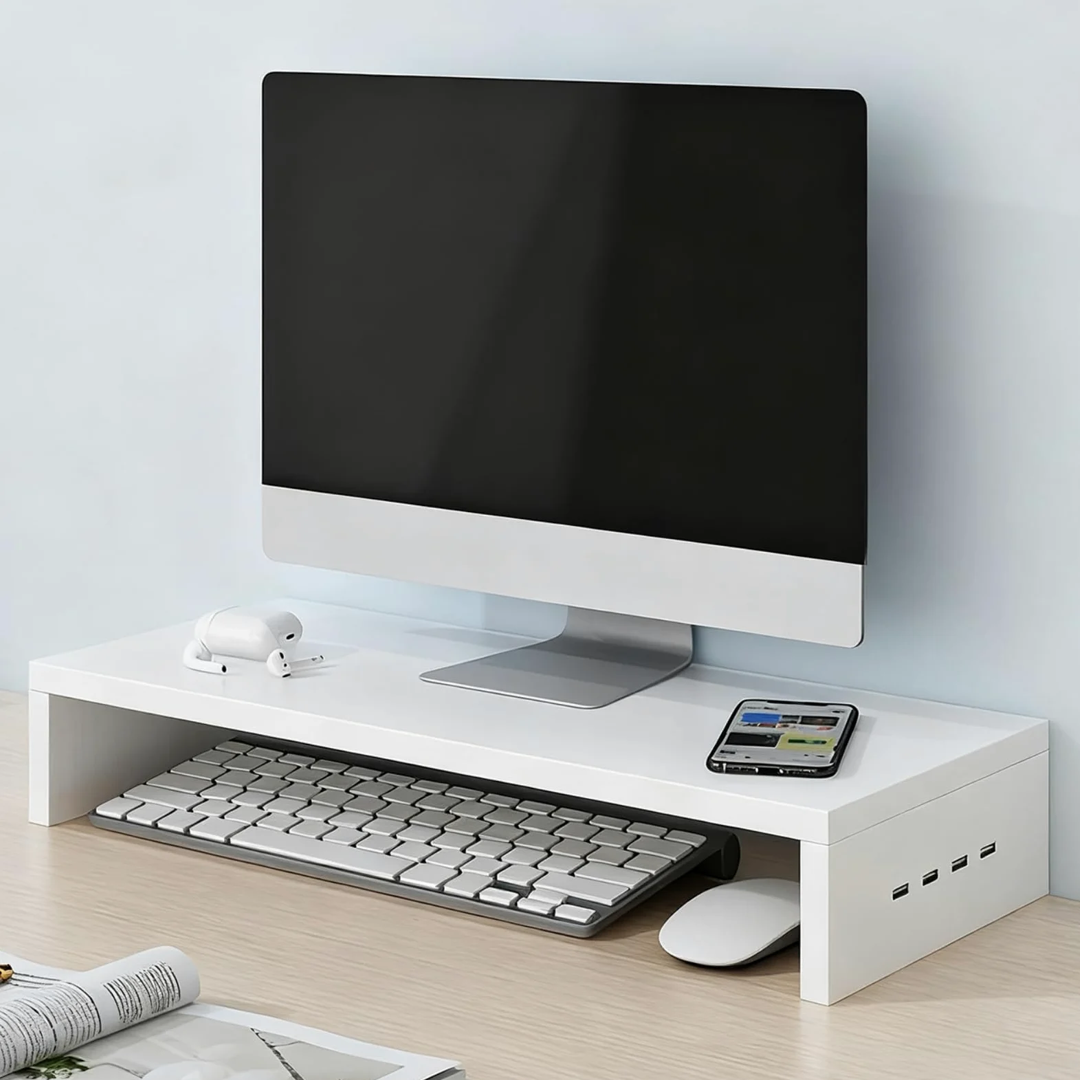 Supporto per schermo per desktop | Supporto rialzato con 4 | porte USB | Stoccaggio Sambuco per computer portatile e stazione di lavoro - per accessori digitali per tastiera elettronica