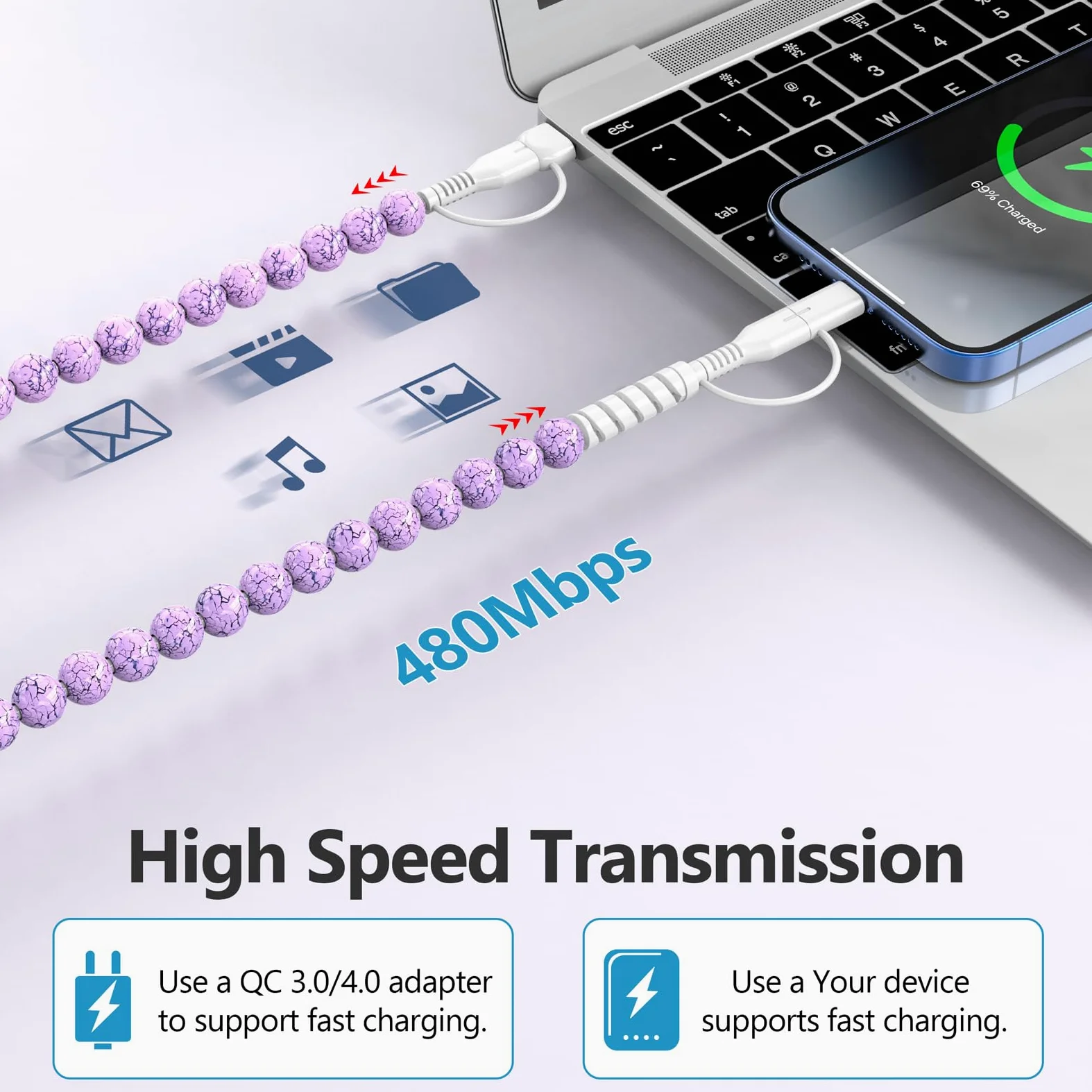 HianDier Cavo USB C [certificato MFI] Multi 4 in 1 per iPhone cavo di ricarica rapida 0,9 m durevole turchese perline USB A tipo C iOS cavo di ricarica per iPhone 16 15 14 13 Pro Max iPad Galaxy S25