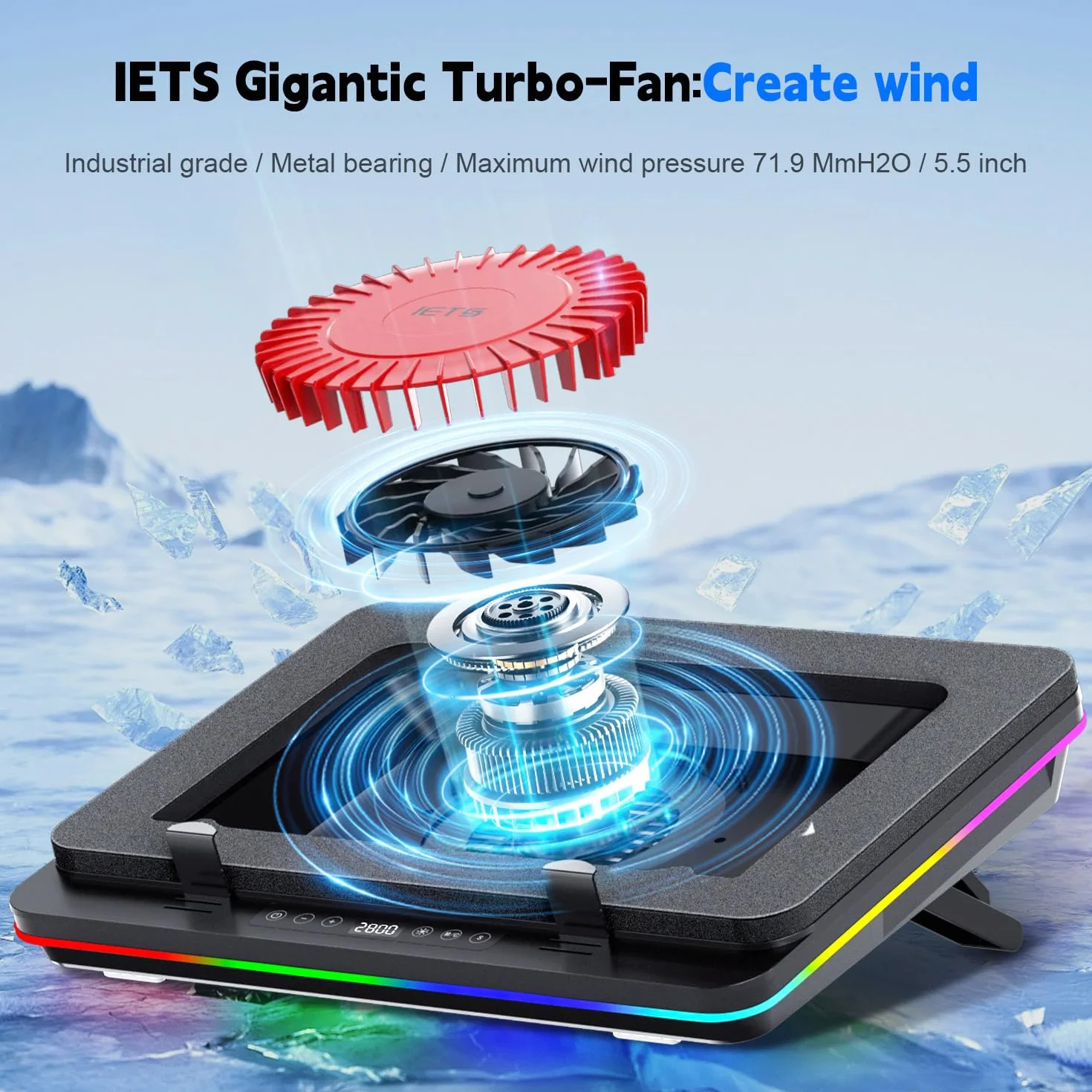 IETS GT600 - Tappetino di raffreddamento RGB per computer portatile con ventola turbo gigante (14 cm di diametro), in schiuma sigillata per un raffreddamento rapido, raffreddamento del computer