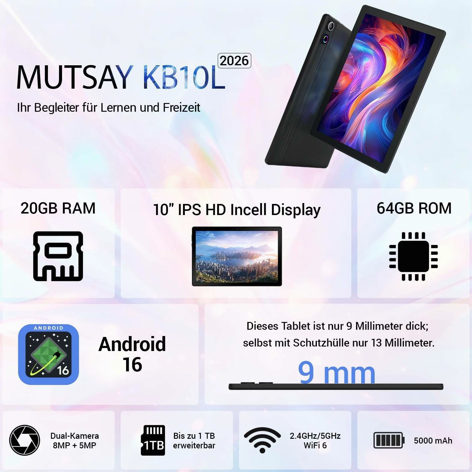 Tablet 10 Pollici Android 16 Tablets PC con Custodia Tastiera Mouse Penna Cuffie Alimentatore Cavo 20 GB RAM 64 GB ROM IPS1280x800 Doppia Fotocamera 5MP+8MP 5000 mAh WiFi 6 BT 5.4 (Nero)