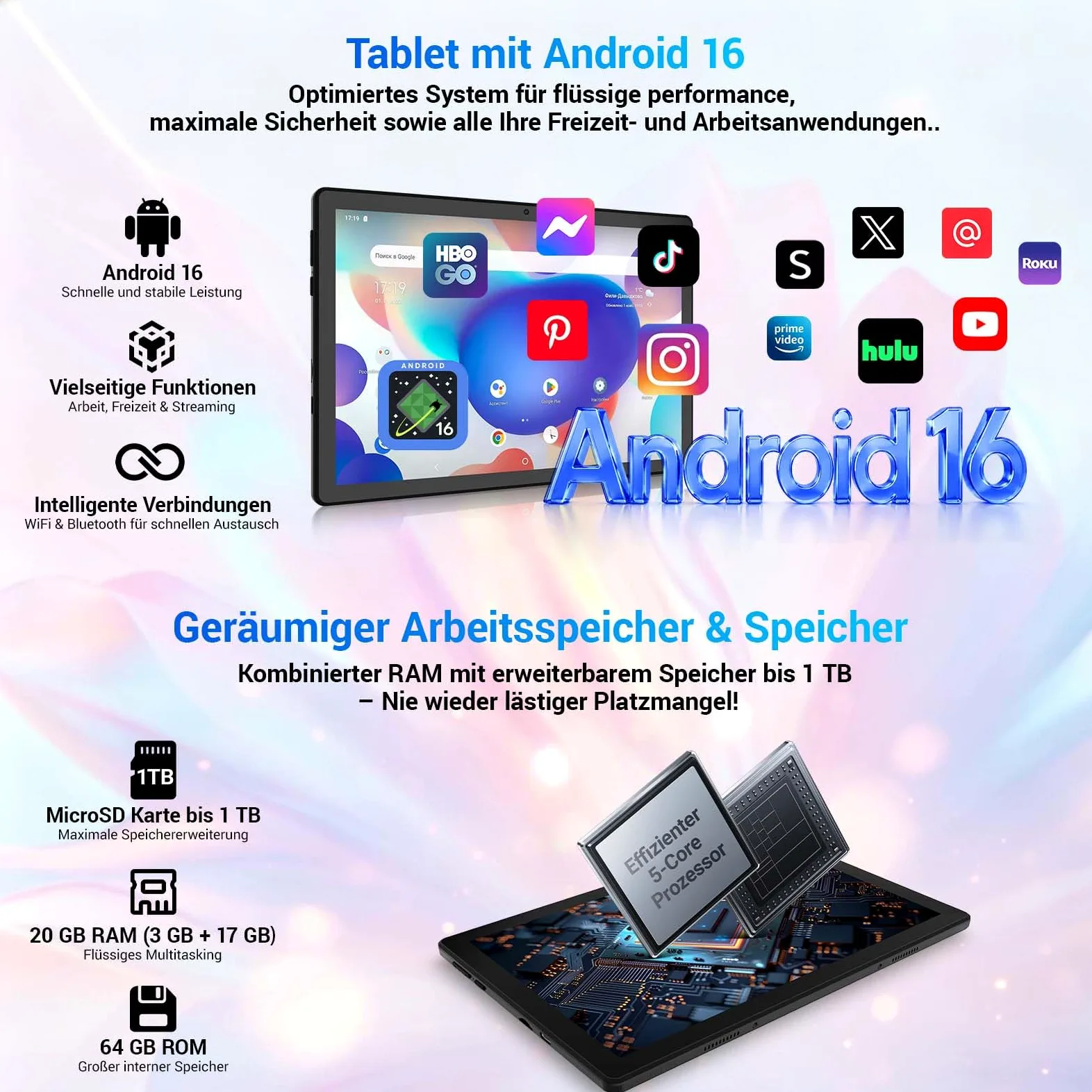 Tablet 10 Pollici Android 16 Tablets PC con Custodia Tastiera Mouse Penna Cuffie Alimentatore Cavo 20 GB RAM 64 GB ROM IPS1280x800 Doppia Fotocamera 5MP+8MP 5000 mAh WiFi 6 BT 5.4 (Nero)