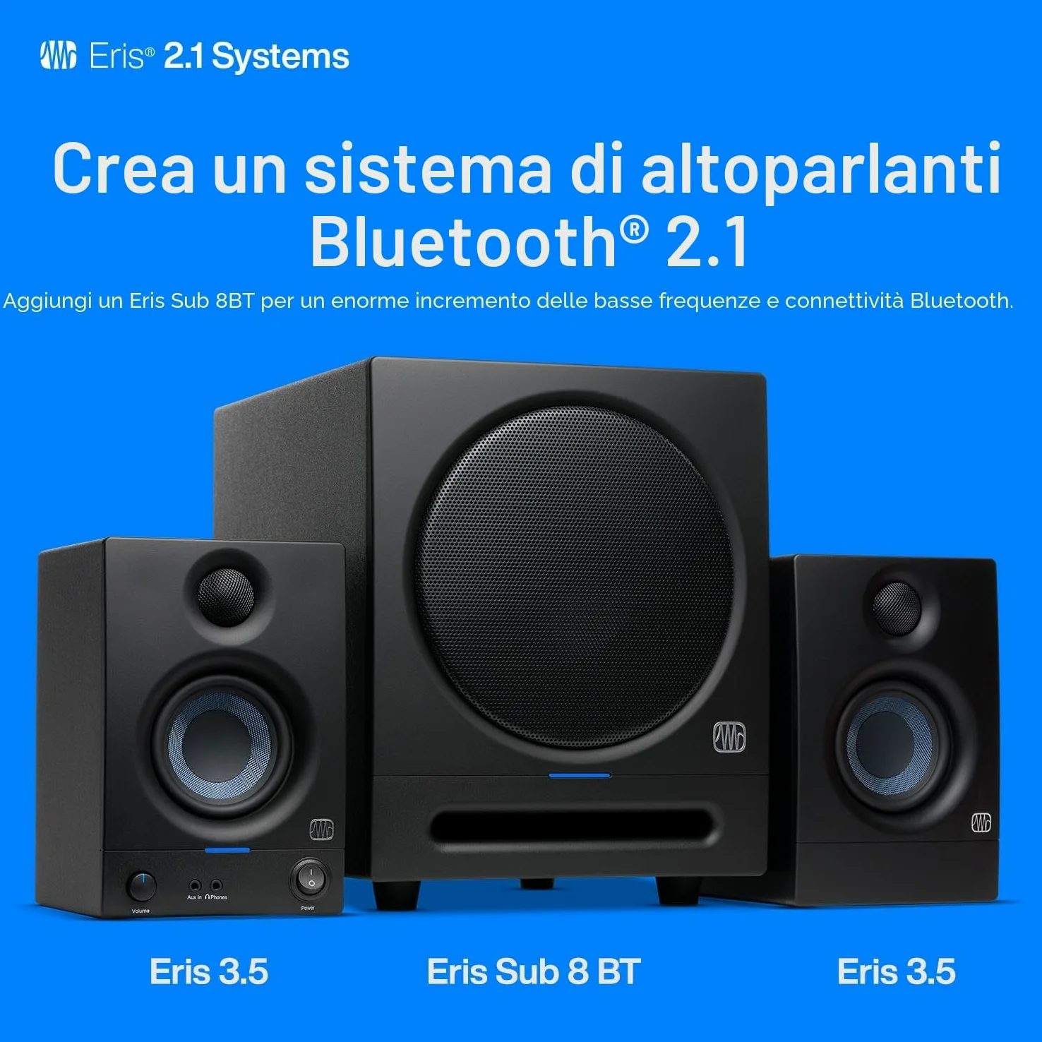 PreSonus Eris 3.5 Gen 2, Altoparlanti Attivi da Scrivania 3.5" per Multimedia, Gaming, Produzione Musicale di Qualità Studio, Potenza 50 W - Bianco