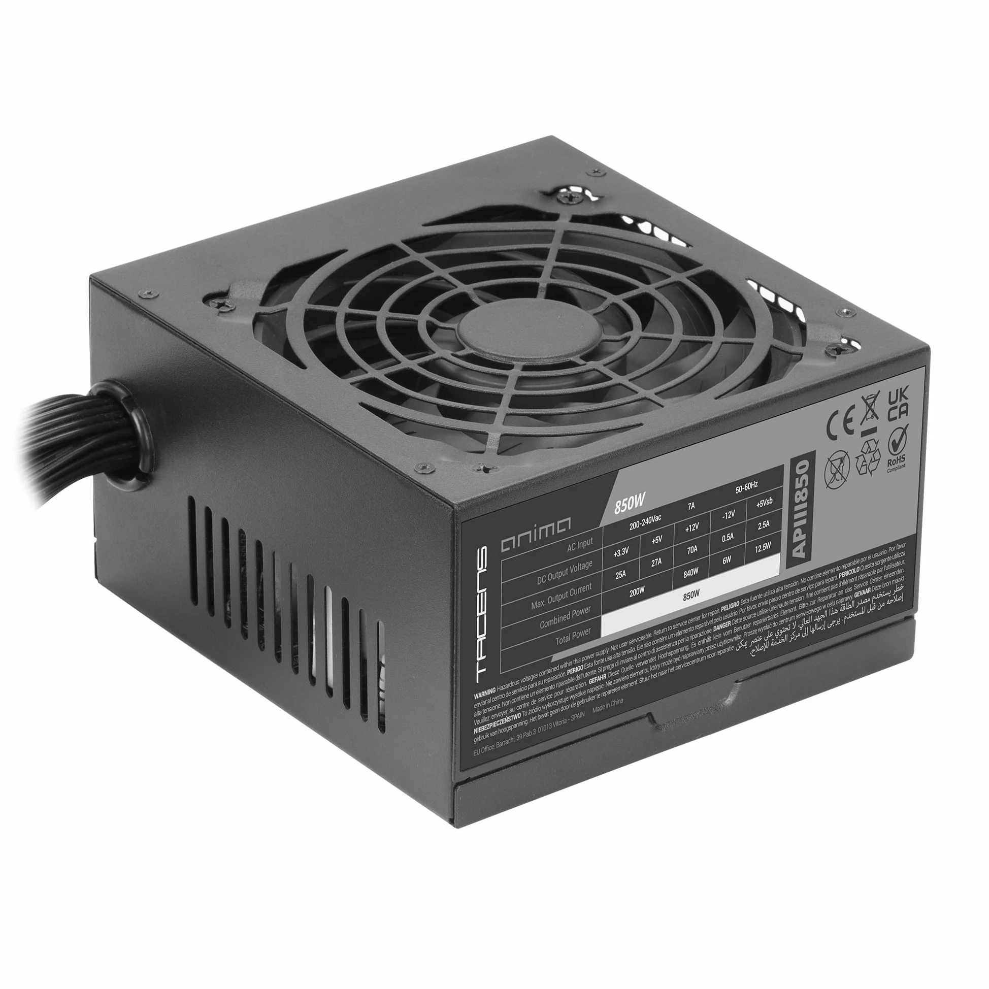 TACENS ANIMA APIII850, Alimentatore ATX 850W, Tecnologie SMD e DC-DC, 85% Efficienza 12V, Ventola Ultra-silenziosa 12cm, Condensatori Giapponesi 105º, Cavi in fibra di carbonio, Nero