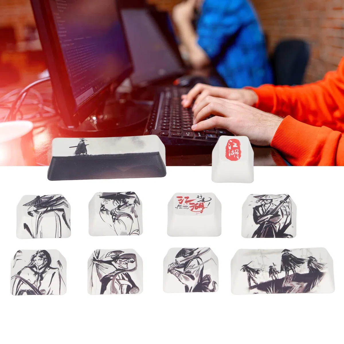 10 Pezzi di Ricambio Copritasti, Esc Ctrl Alt Fai da Te PBT Copritasti, Modello di Pittura a Inchiostro Cinese Splendente Accessori Fai da Te per Tastiere Meccaniche a