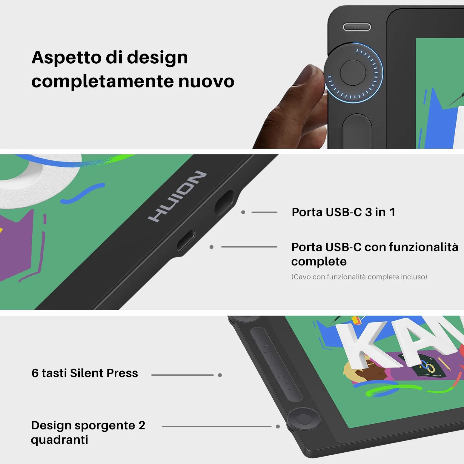 HUION KAMVAS 16 (Gen 3) Tavoletta Grafica con Schermo, PenTech 4.0, 15,8" 2.5K QHD Anti-Scintilla, 16384 Pressione Penna, Doppi Quadranti per Mac, PC, Android