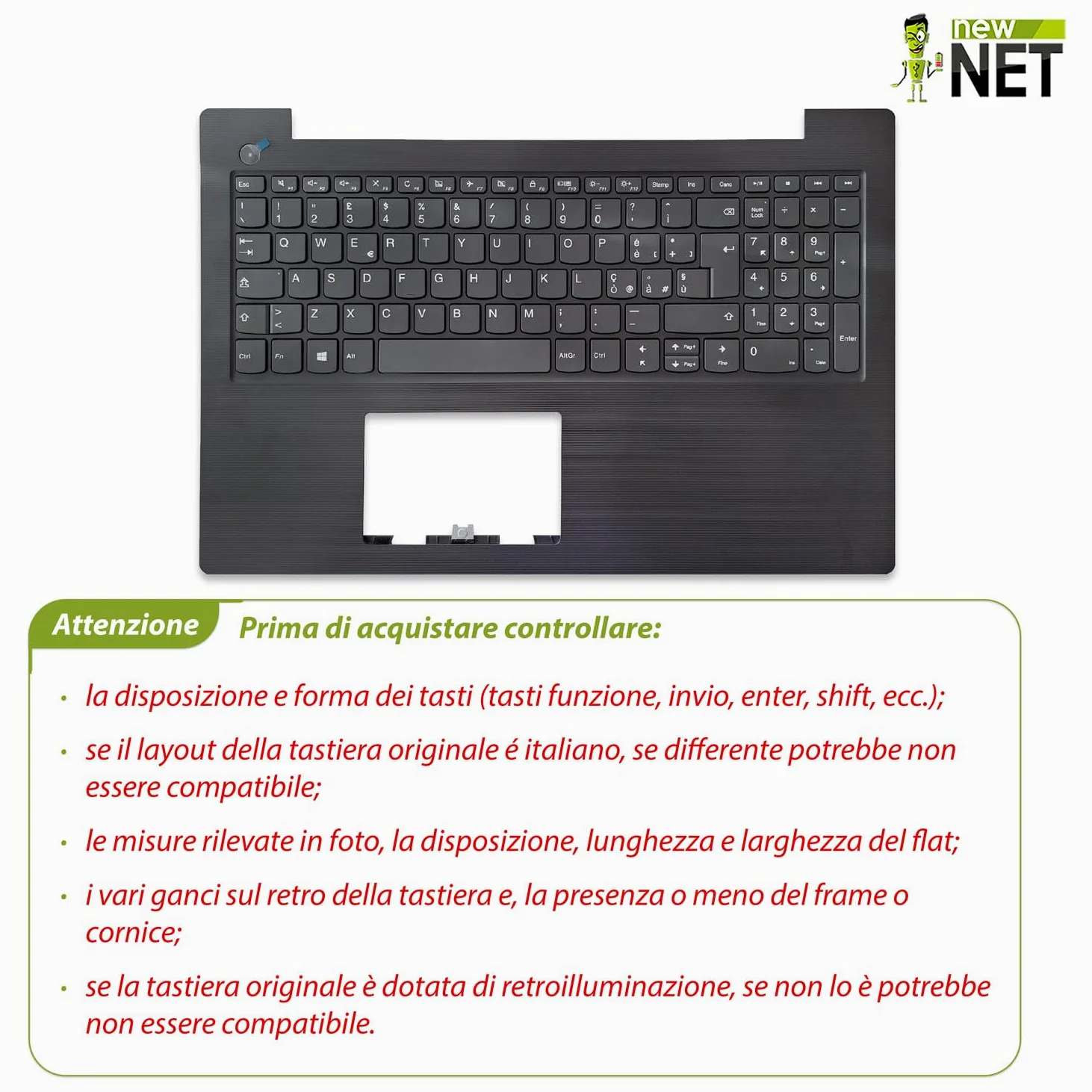 new net - Top Case Palmrest con Tastiera Compatibile con Notebook Lenovo 5CB0R28215 [Frame Colore Iron Grey - Senza touchpad - Layout ITA]