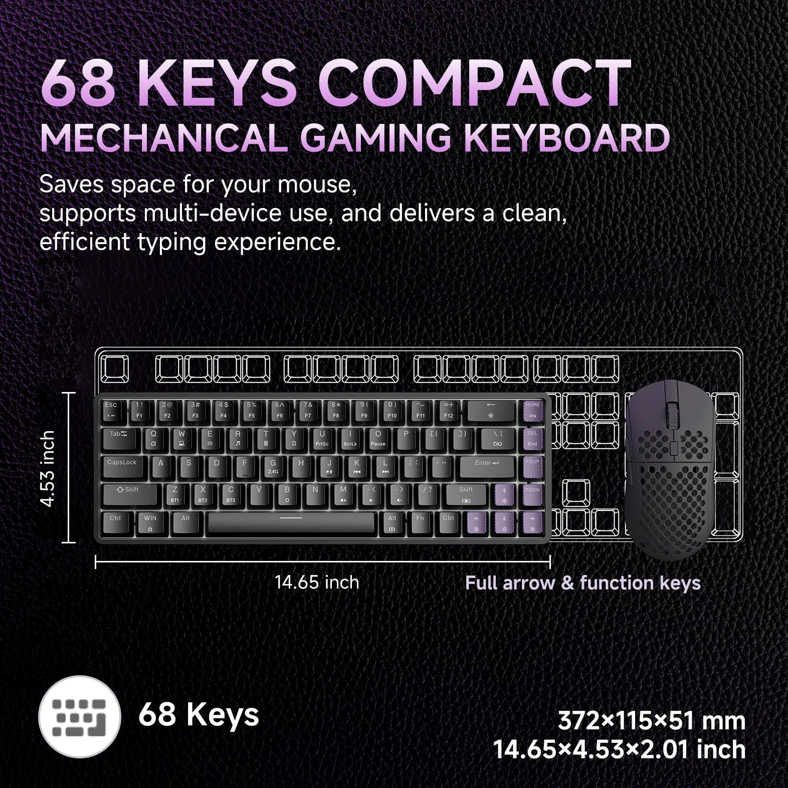 Dierya DK68 Tastiera Gaming Wireless,60% Tastiera Meccanica Bluetooth/2.4G/USB-C RGB,Interruttore Rosso,Double-Shot ABS Keycaps Compatibile con Win/Mac,Nero(Layout US,QWERTY)