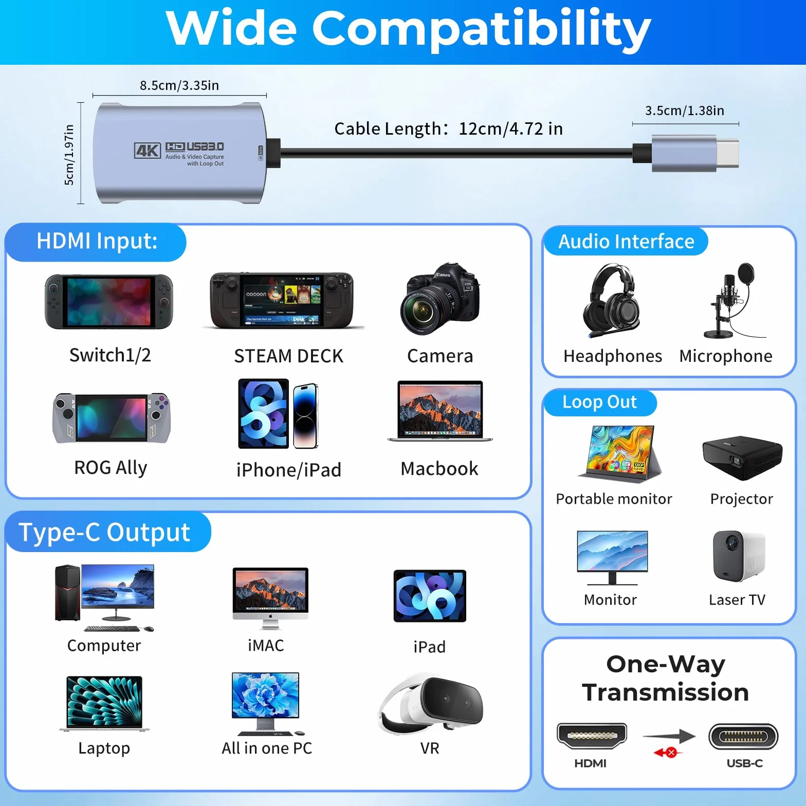 Guermok 4K 60FPS & 1080P 240FPS HDMI Capture Card for Streaming, USB 3.0 to USB-C/A, 4K60 Passthrough, 3.5mm Audio in and Mic Out, Works with Switch 2/1, PS, Quest 3, Pad, Mac, PC