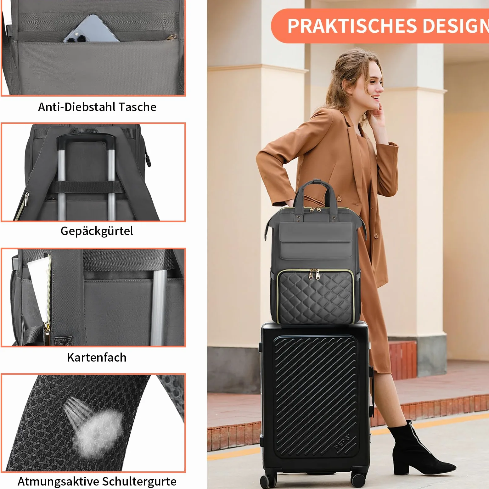 BERTASCHE Zaino per il pranzo, per laptop da donna da 15,6 pollici, con borsa termica isolata, zaino da lavoro 2 in 1, per donne, lavoro, lavoro, viaggi, insegnanti, scuola, università, grigio chiaro