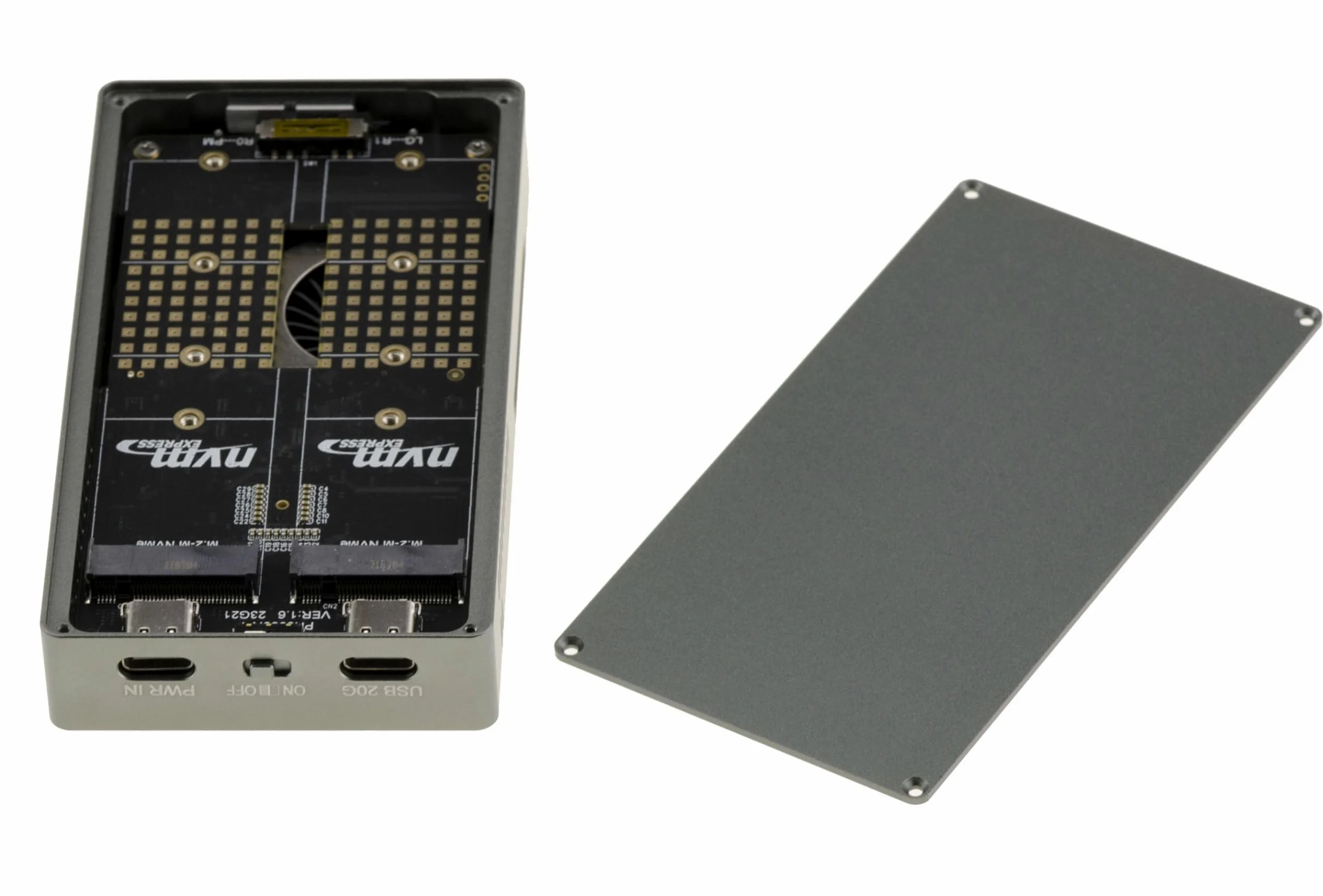 KALEA-INFORMATIQUE Alloggiamento in alluminio USB 3.2 20G per 2 SSD M2 NVMe, standalone o cluster Raid 0 1 Large. con ventola di raffreddamento