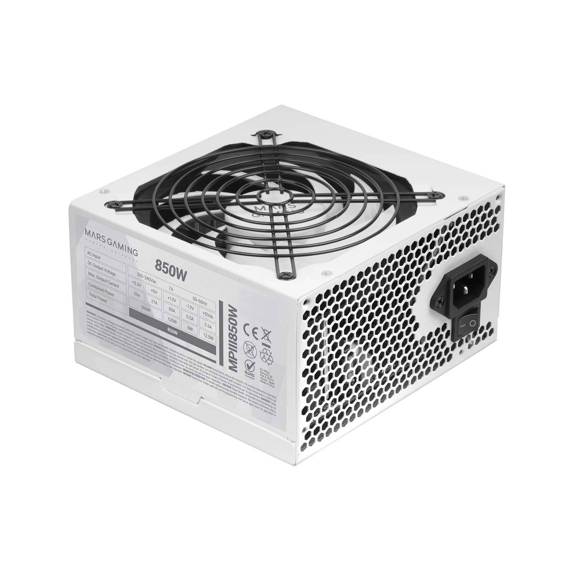 Mars Gaming MPIII850, Alimentatore PC ATX 850W, 5 Anni di Garanzia, 85% di Efficienza, Sistema Digitale APFC, Ventola FDB 120mm AI-RPM, Tecnologie DC-DC e SMD, Cavi Piatte Extra-lunghi, Bianco