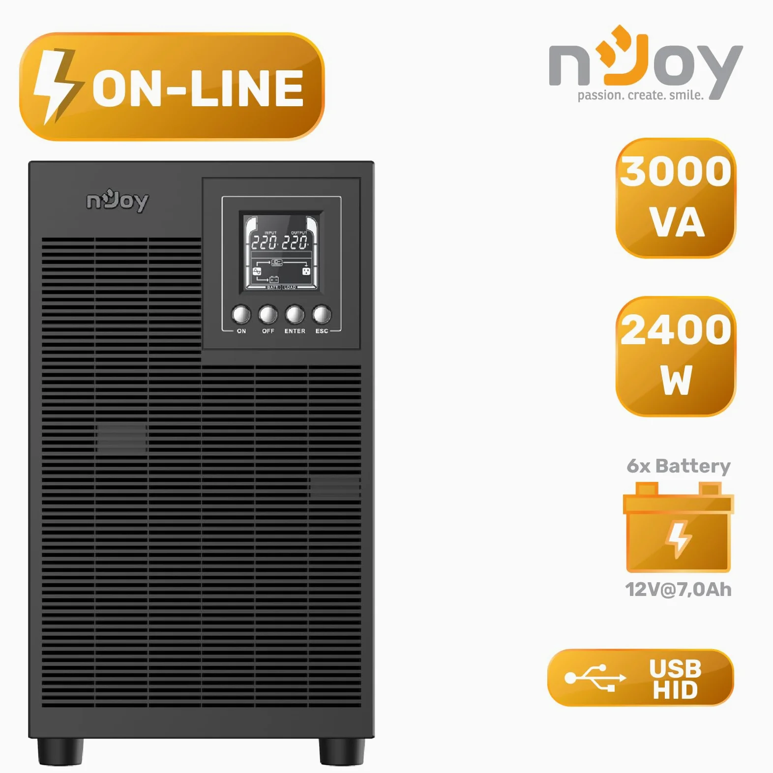 NJOY Echo Pro 3000 Gruppo di Continuità UPS Tower 3000VA 2400 Watt Doppia Conversione OnLine Onda Sinusoidale Pura, 4 Uscite Schuko, USB, RS232, EPO, Slot SNMP, 6 Batterie 12V-7Ah