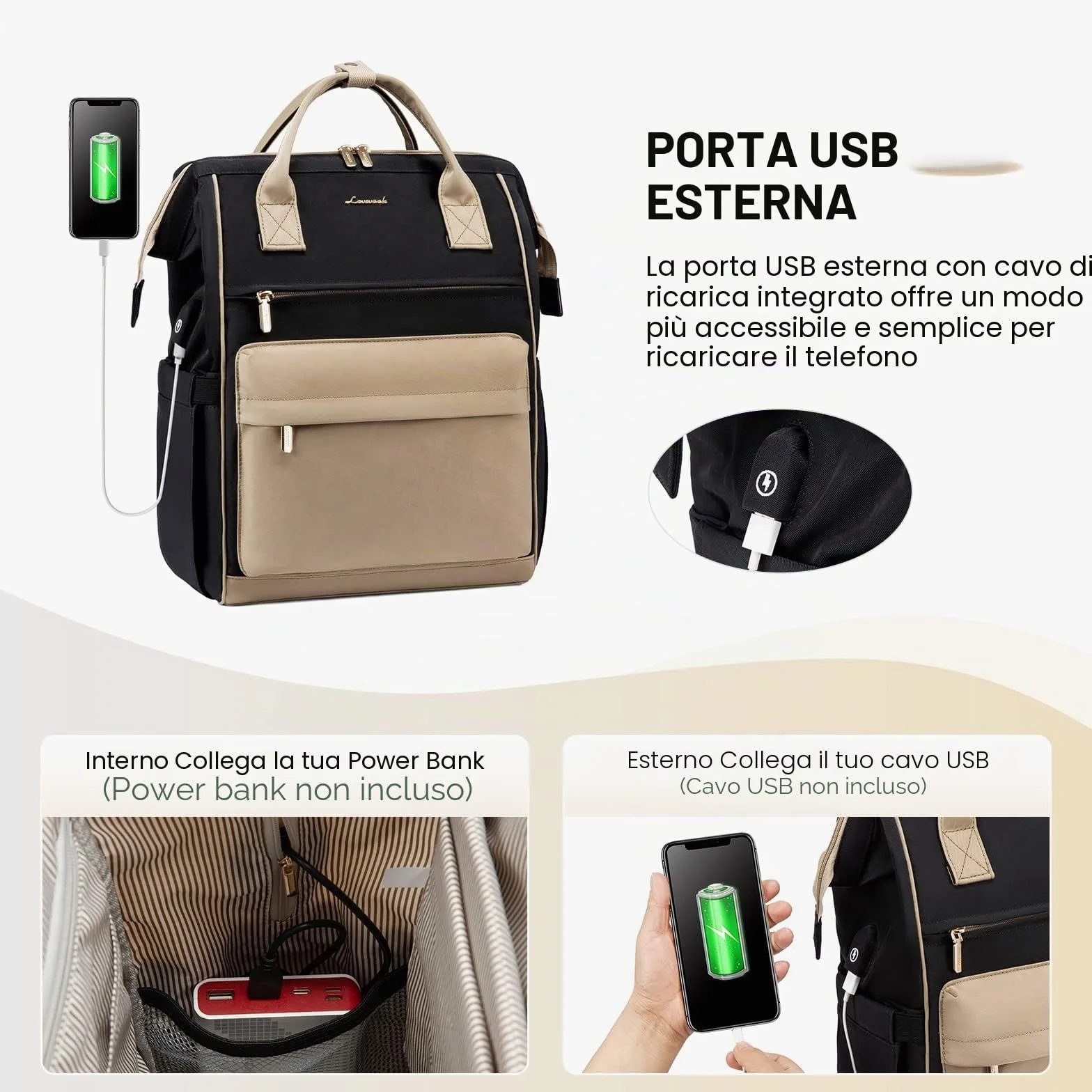 LOVEVOOK Zaino Porta PC Donna, 15,6 Pollici Impermeabile Computer Backpack Antifurto con Porta USB e Scomparto per Laptop per Scuola Università Viaggi Lavoro Aereo Ufficio, Kaki Nero