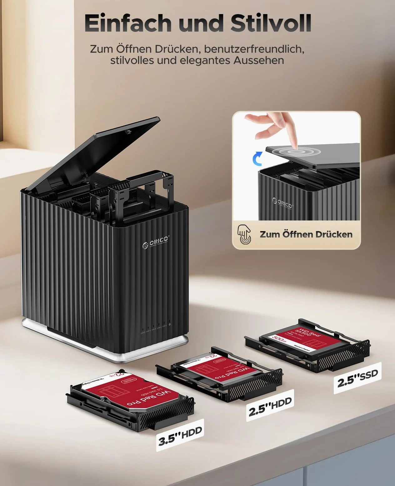 ORICO USB 3.1 Type-C Docking Station per Hard Disk, 5 Bay Custodia con Adattatore 12V/10A, Capacità Max. 110 To per Gestione Dati Personali- 9758C3