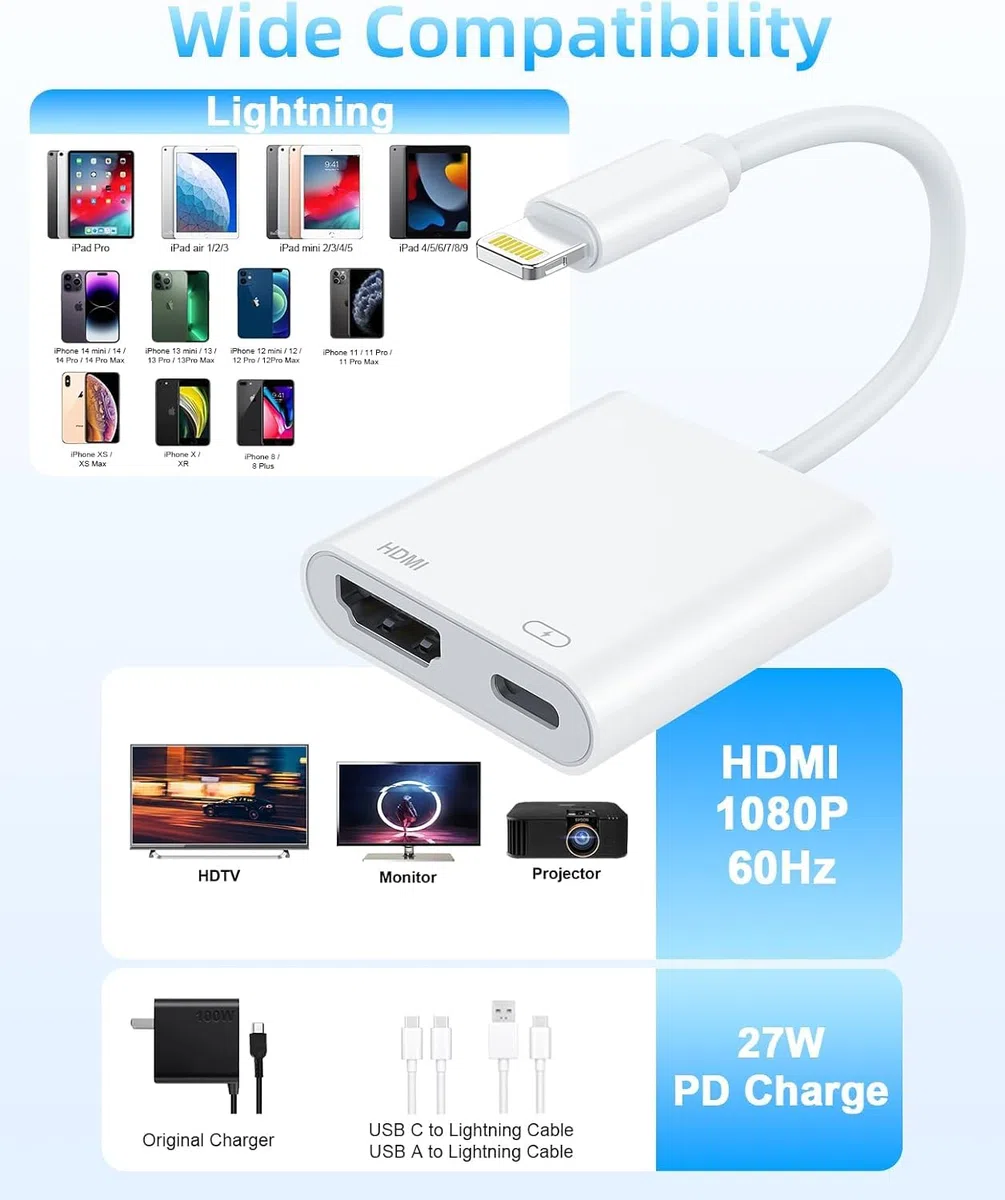 [Certificato Apple MFi] Adattatore da Lightning a HDMI per iPhone/iPad, cavo convertitore digitale AV 1080P, adattatore Plug & Play iPhone a HDMI per TV/Proiettore/Monitor – senza alimentazione