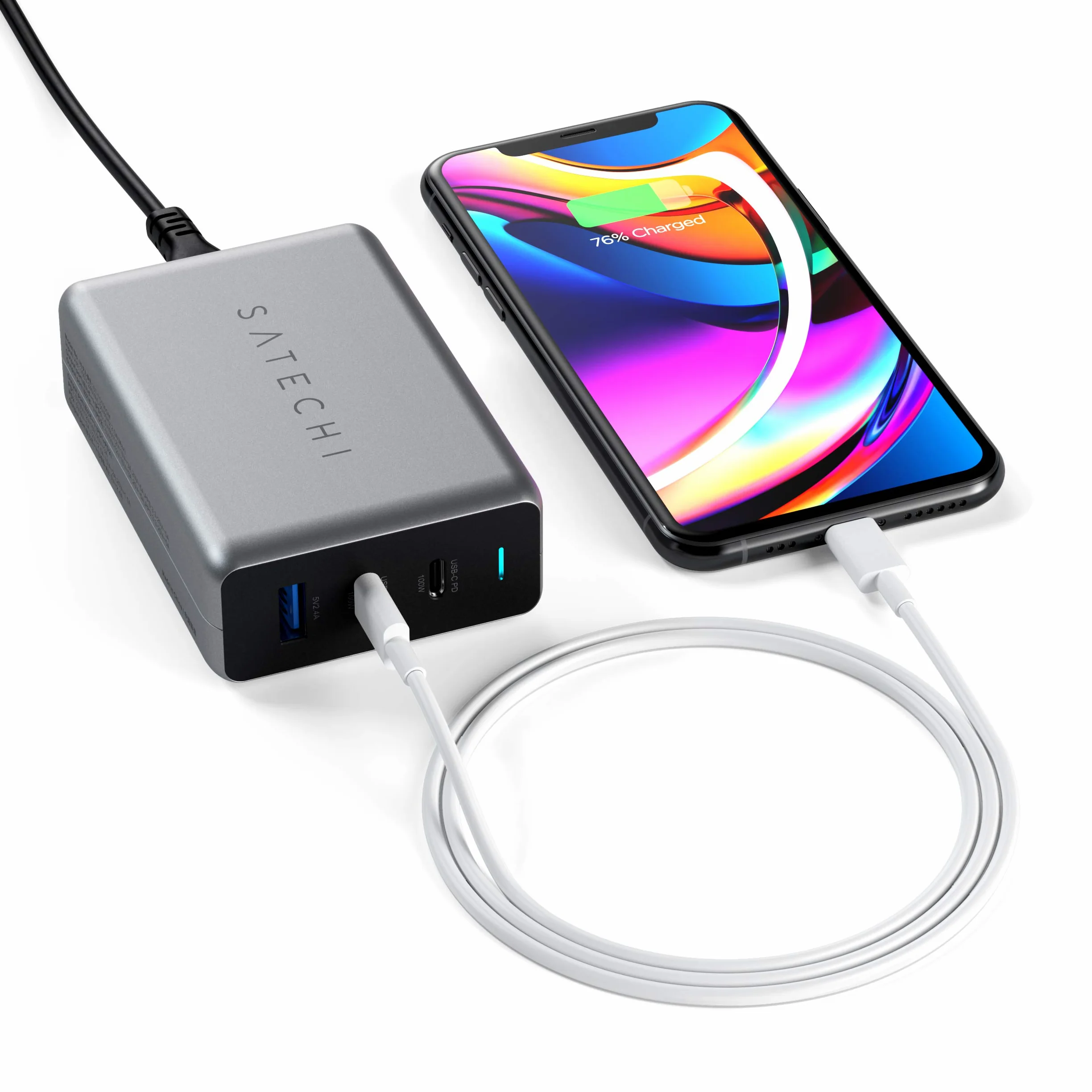 SATECHI Caricatore USB C GaN 100W, 3 Porte, Compatto | 2x Porte USB-C e 1x USB-A, per MacBook Air/Pro/Neo, iPad, iPhone, AirPods, Apple Watch, Android e Windows