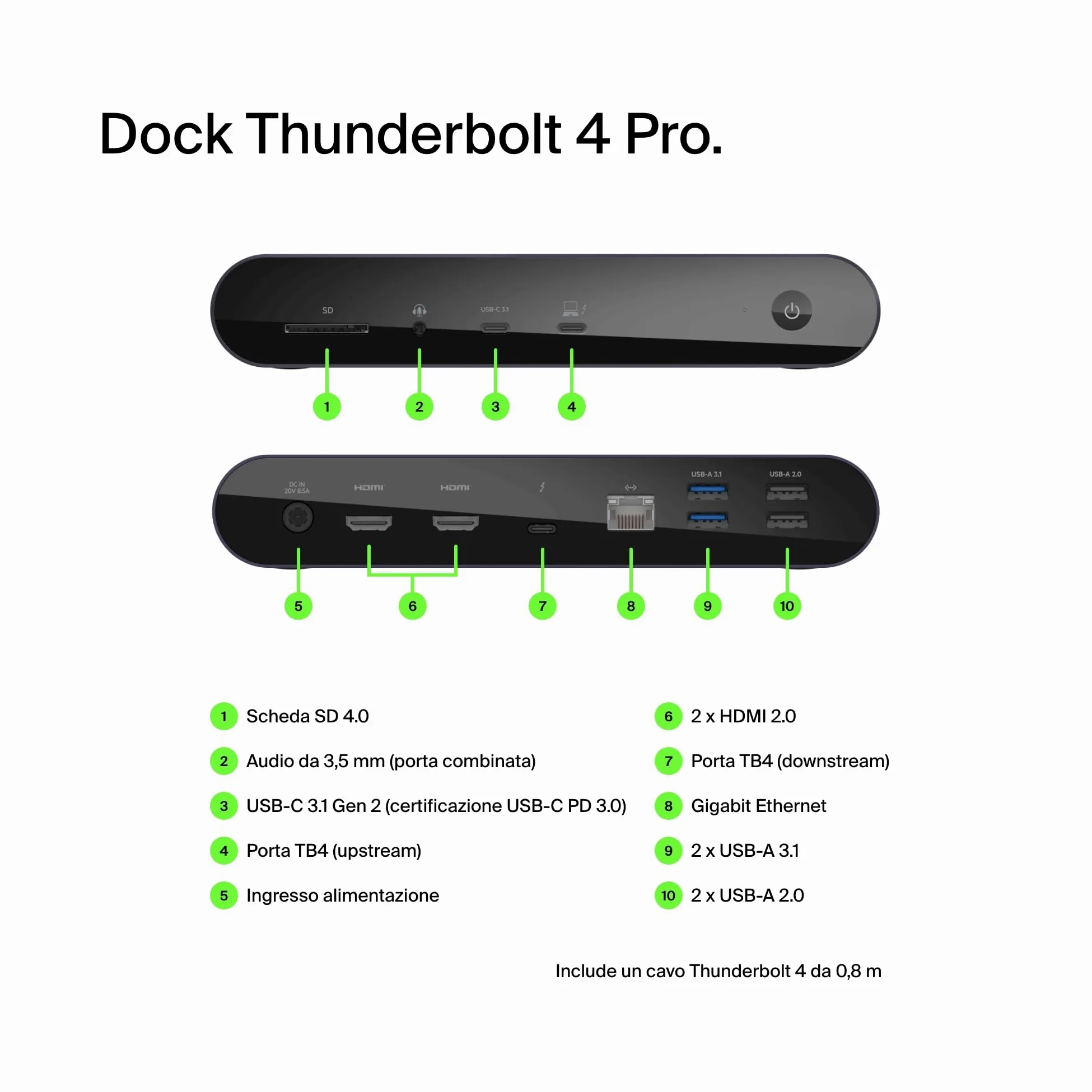 Belkin Dock Thunderbolt 4 Pro, supporto di 1 monitor 8K a 60 Hz, 2 monitor 4K, 2 porte Thunderbolt 4, 2 porte HDMI, USB-C PD da 90 W, ingresso/uscita audio, compatibile con MacBook Pro, XPS e altri