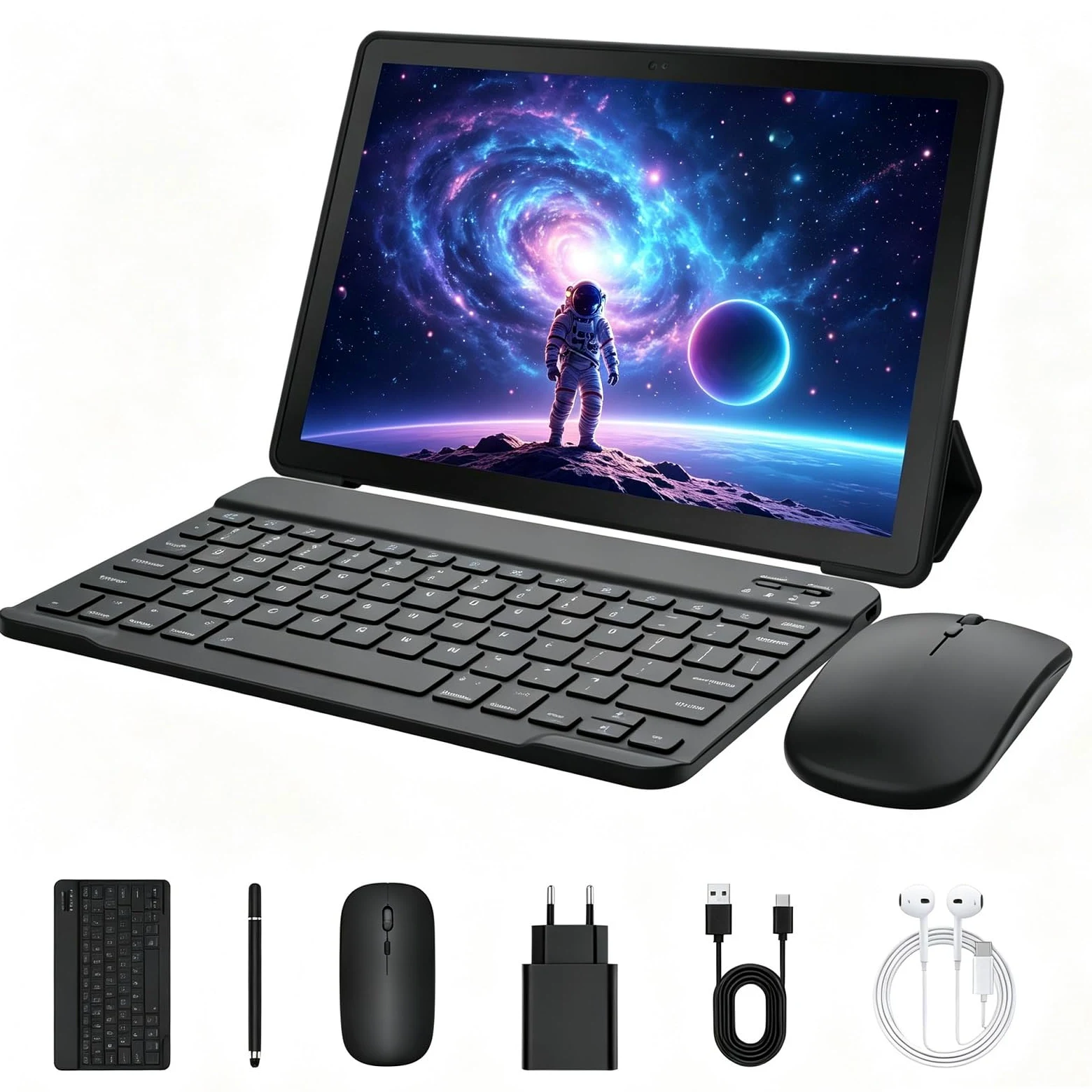 Tablet 10 Pollici Android 16 Tablets PC con Custodia Tastiera Mouse Penna Cuffie Alimentatore Cavo 20 GB RAM 64 GB ROM IPS1280x800 Doppia Fotocamera 5MP+8MP 5000 mAh WiFi 6 BT 5.4 (Nero)