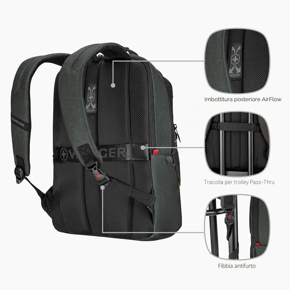 WENGER Zaino Porta PC MX ECO Professional con Tasca per Tablet, Notebook 16”, Tablet 10”, Organizer, 20 l, Uomo Donna, Ufficio Viaggi di Lavoro Università, Nero, Sostenibile, 612261