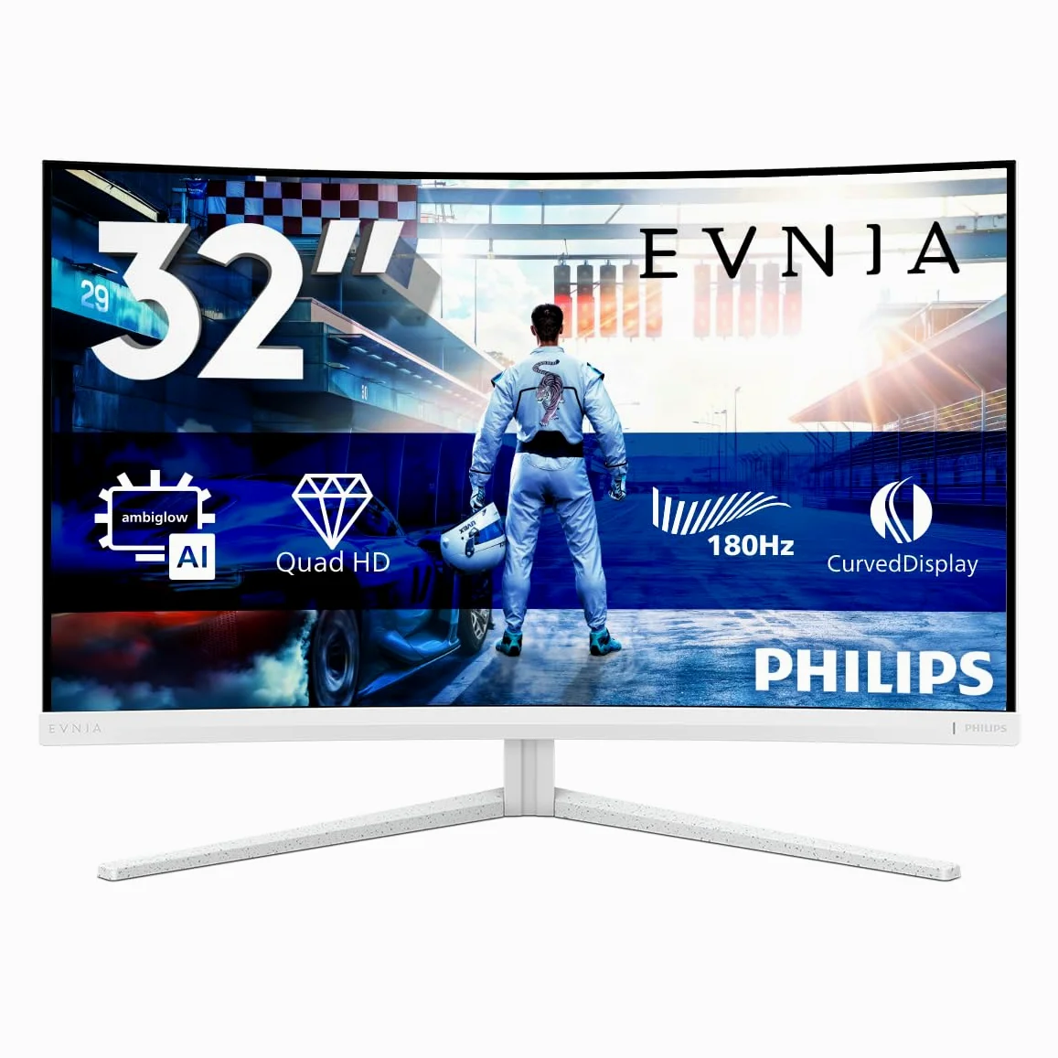 Philips Gaming Monitor 32M2C5501 31.5 pollici, Curvo, 2560x1440, WQHD, 180Hz, Fast VA Panel, 0.5ms MPRT, , (HDMI2x 2.0 DP 1x 1.4) Adaptive Sync, HDR10, FreeSync, Bianco