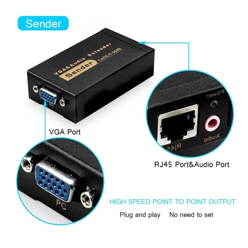 VGA Extender VGA a RJ45 2 pezzi 100m, Amplificatore Splitter Video Ricevitore Trasmettitore Cavo Ethernet con Supporto Audio Mittente Ricevitore DVR HD 3D