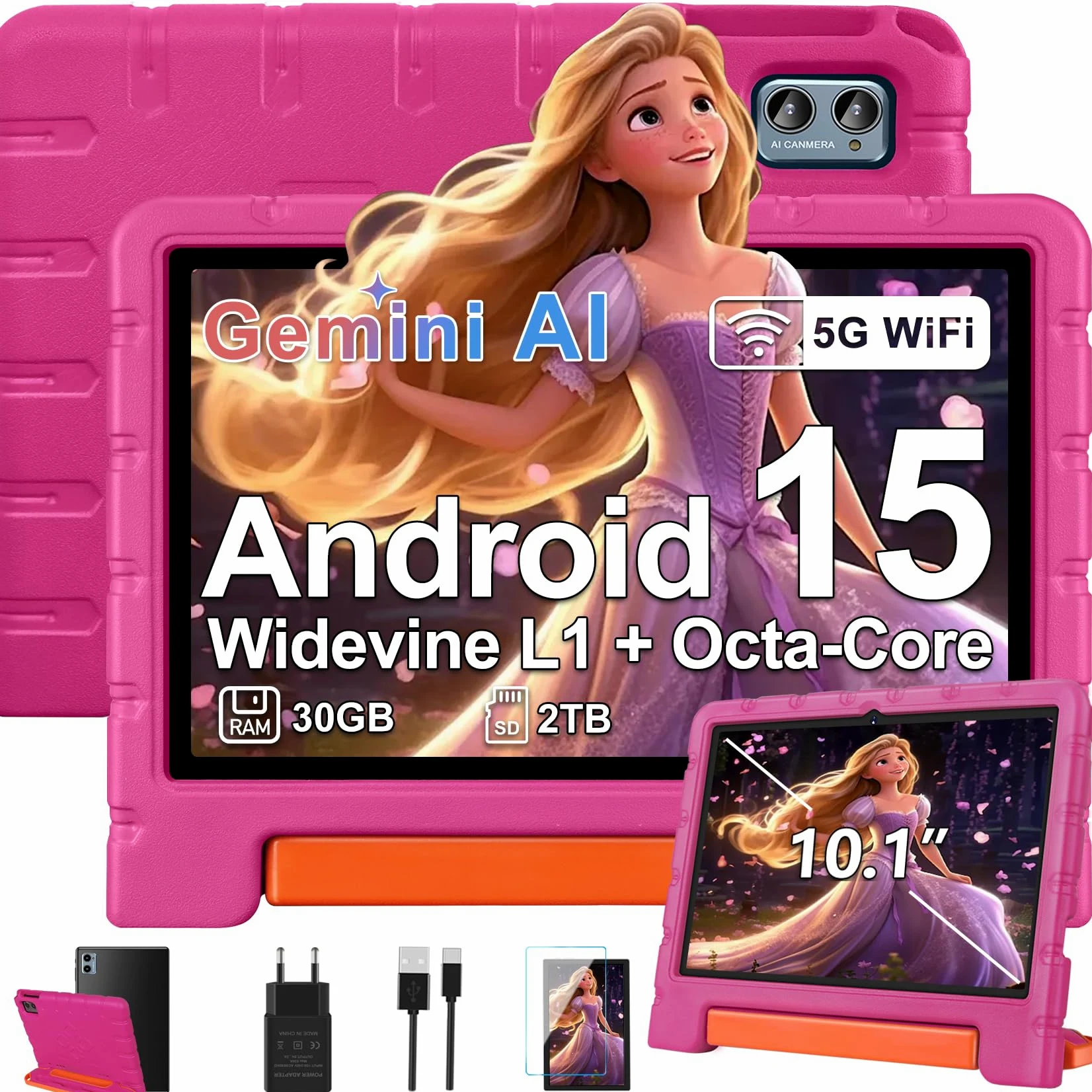 ZIOVO Tablet Bambini 10 Pollici Tablets Android 15, 30GB RAM+64GB ROM(TF 2TB), 5G WiFi Tablets,Gemini AI/Octa-Core/Widevine L1/Face ID/Parentale Controllo/6000 mAh/BT 5.0, Tablet con Eva Caso - Rosa