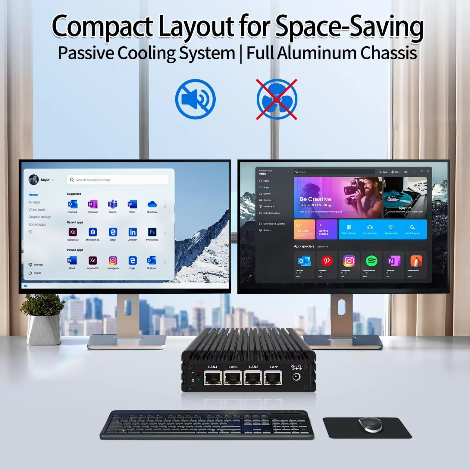 Micro Firewall Appliance, Fanless Mini PC J3710 4C/4T, 4x 2.5 GbE i225-V LAN,AES-NI,DDR3 8GB SSD 128GB Router Netzwerk Security USB3.0/HD/DP/Console RJ45 Port/Wi-Fi, Dual Display
