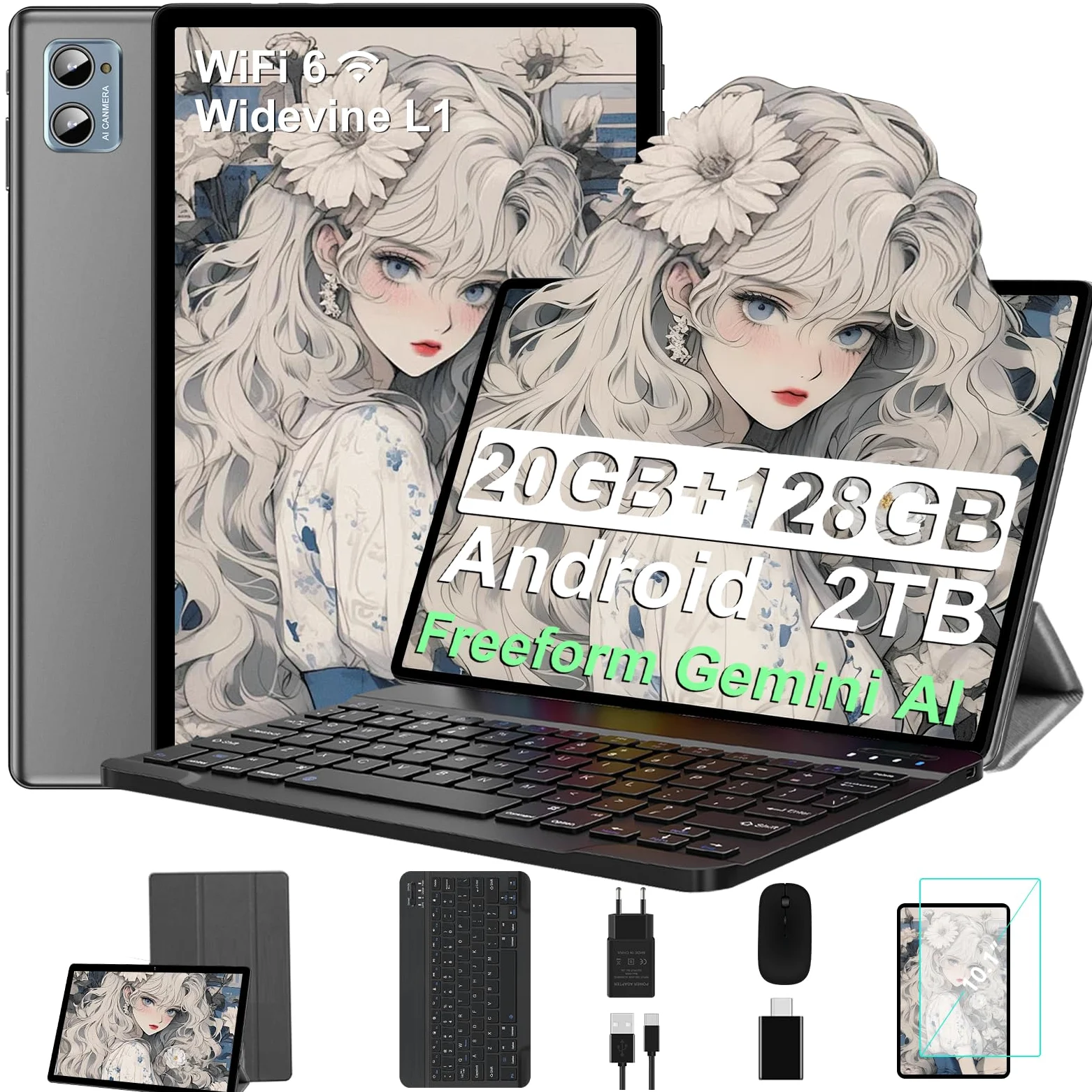 2026 Tablet 10 Pollici con Widevine L1, Android, 20GB RAM+128GB ROM(TF 2TB), Octa-Core 2GHz, WiFi 6, Gemini AI, Bluetooth 5.0, 8MP+5MP, con Tastiera e Mouse, Grigio