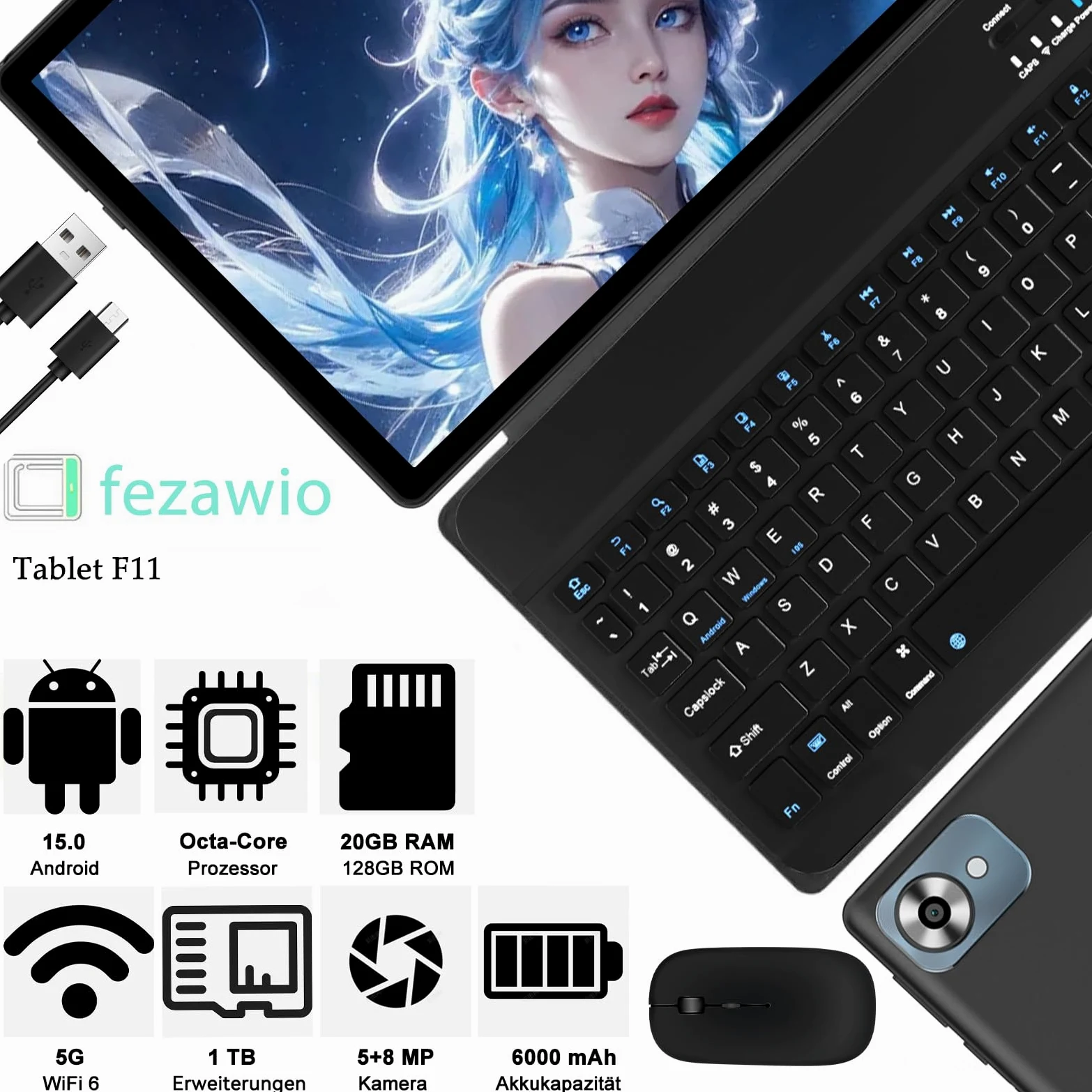 fezawio Tablet 10 Pollici Android 15, 20GB RAM+128 ROM, Widevine L1, Nero | con Tastiera, Mouse e Custodia, Octa-Core, WiFi 5G, BT5.0, 8MP+5MP, 6000mAh