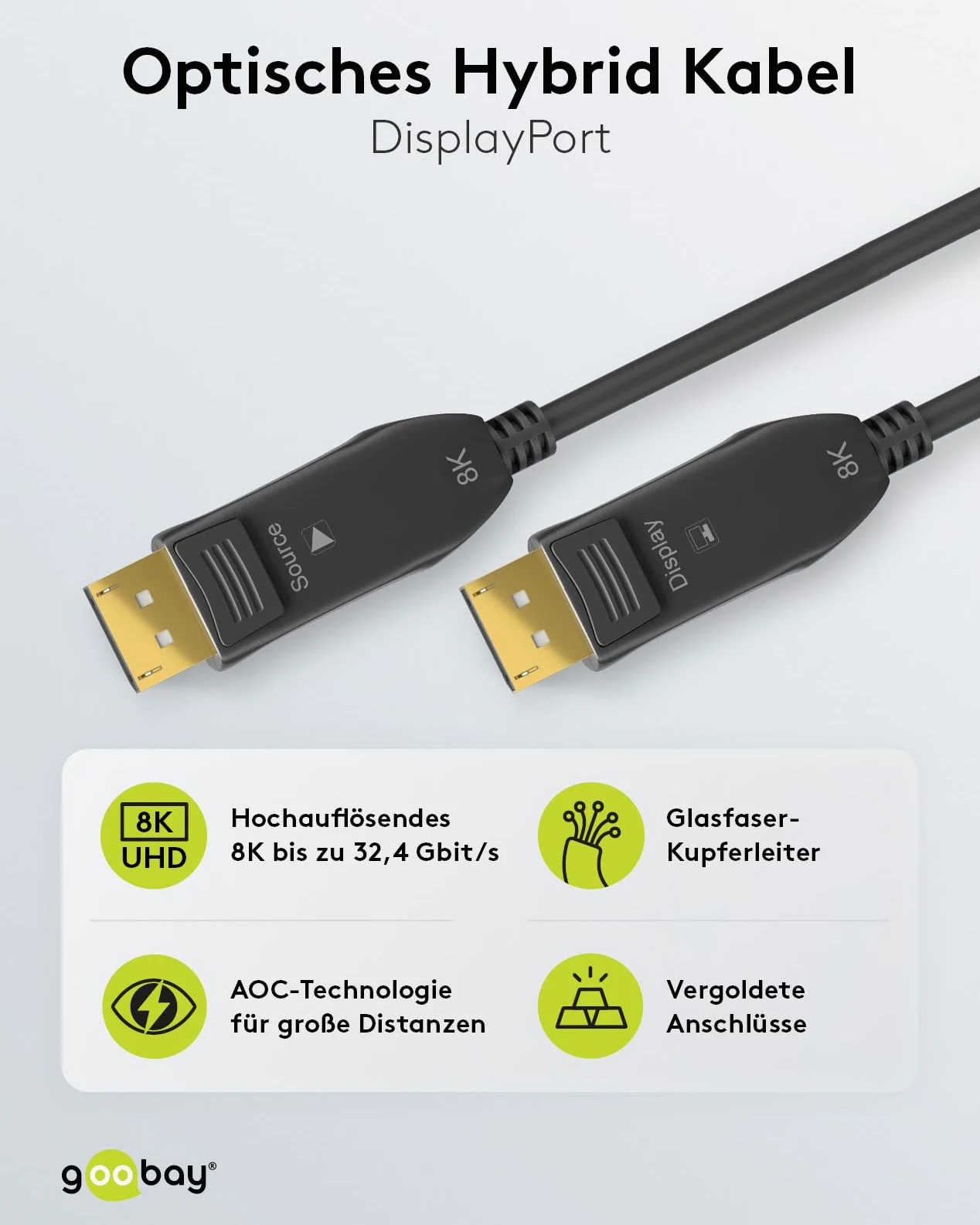 goobay 64866 Cavo di collegamento ottico DisplayPort Hybrid 2.0 (AOC) / 8K Ultra HD 4320p (60 Hz) / fibra ottica ibrida conduttore di rame/DisplayPort su DisplayPort / 10M
