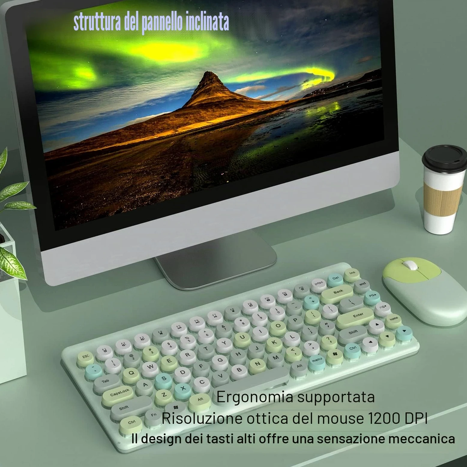 Jectse Tastiera e Mouse Wireless 2,4 GHz - Combo Ergonomico Con Tastiera Retrò Per Macchina Da Scrivere e Mouse 1200 DPI - Per Computer (Verde)