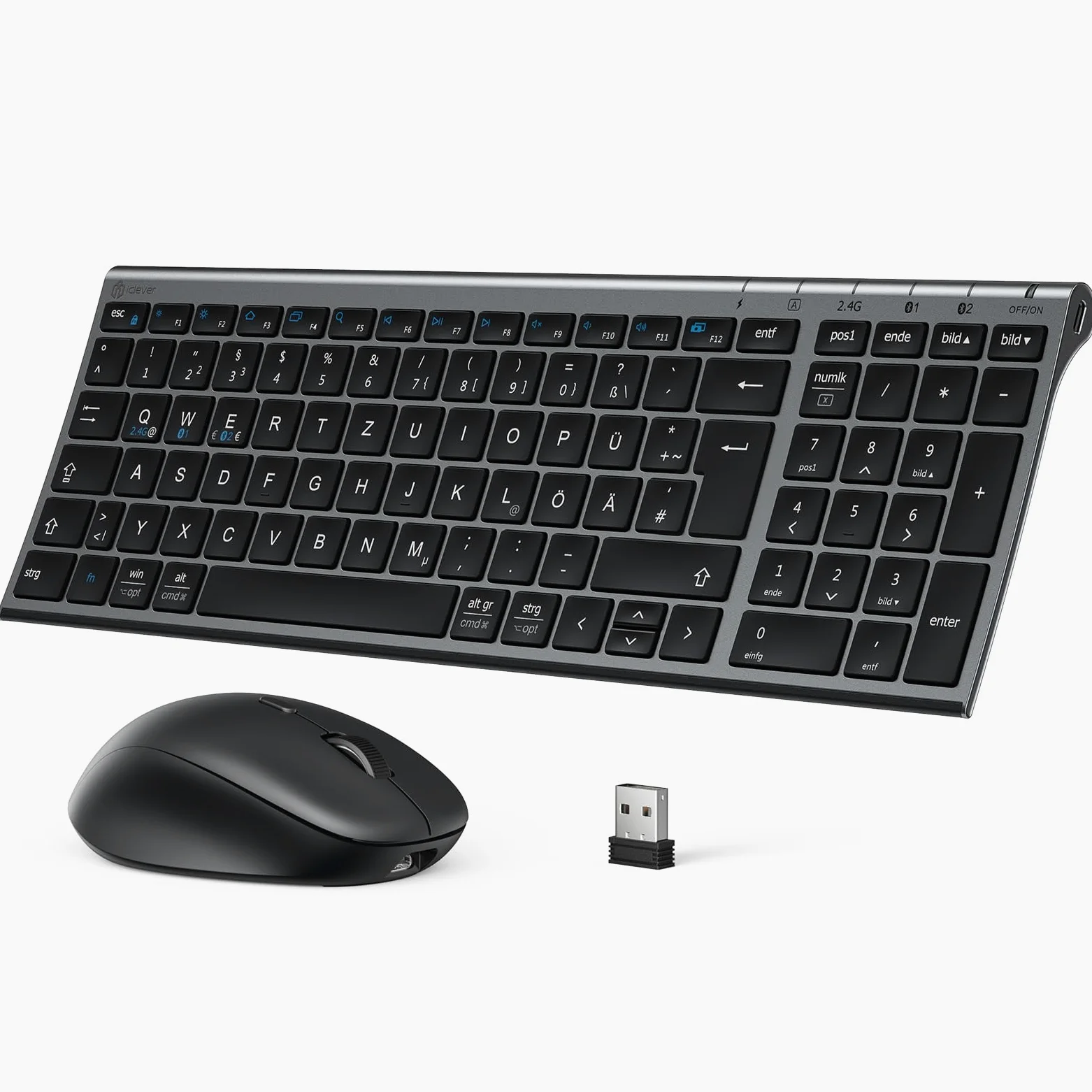 iClever Tastiera Bluetooth con mouse, set di mouse senza fili, doppia modalità ricaricabile (Bluetooth 5.0 + 2.4 G), tastiera wireless, per PC/laptop, layout QWERTZ, grigio