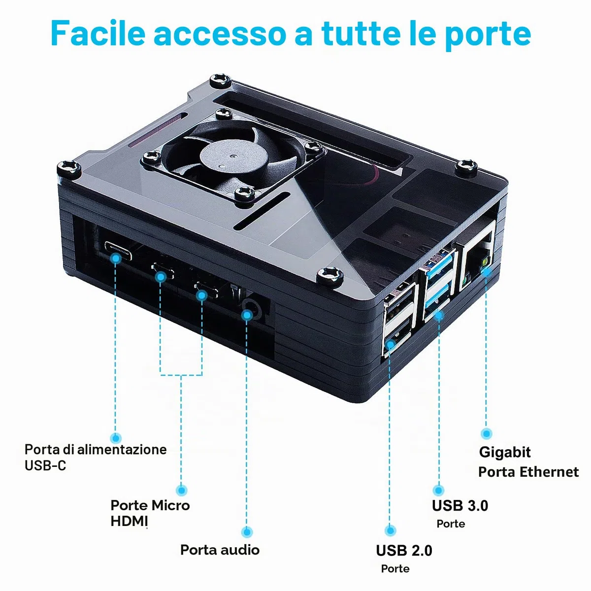 Case per Raspberry Pi 4 con Ventola, 5.1V 3A USB-C Alimentatore, 4 Dissipatore, 1.8M Micro-HDMI Cavo, USB Lettore di Schede, Micro HDMI to HDMI Adattatore per Raspberry Pi 4 Modello B