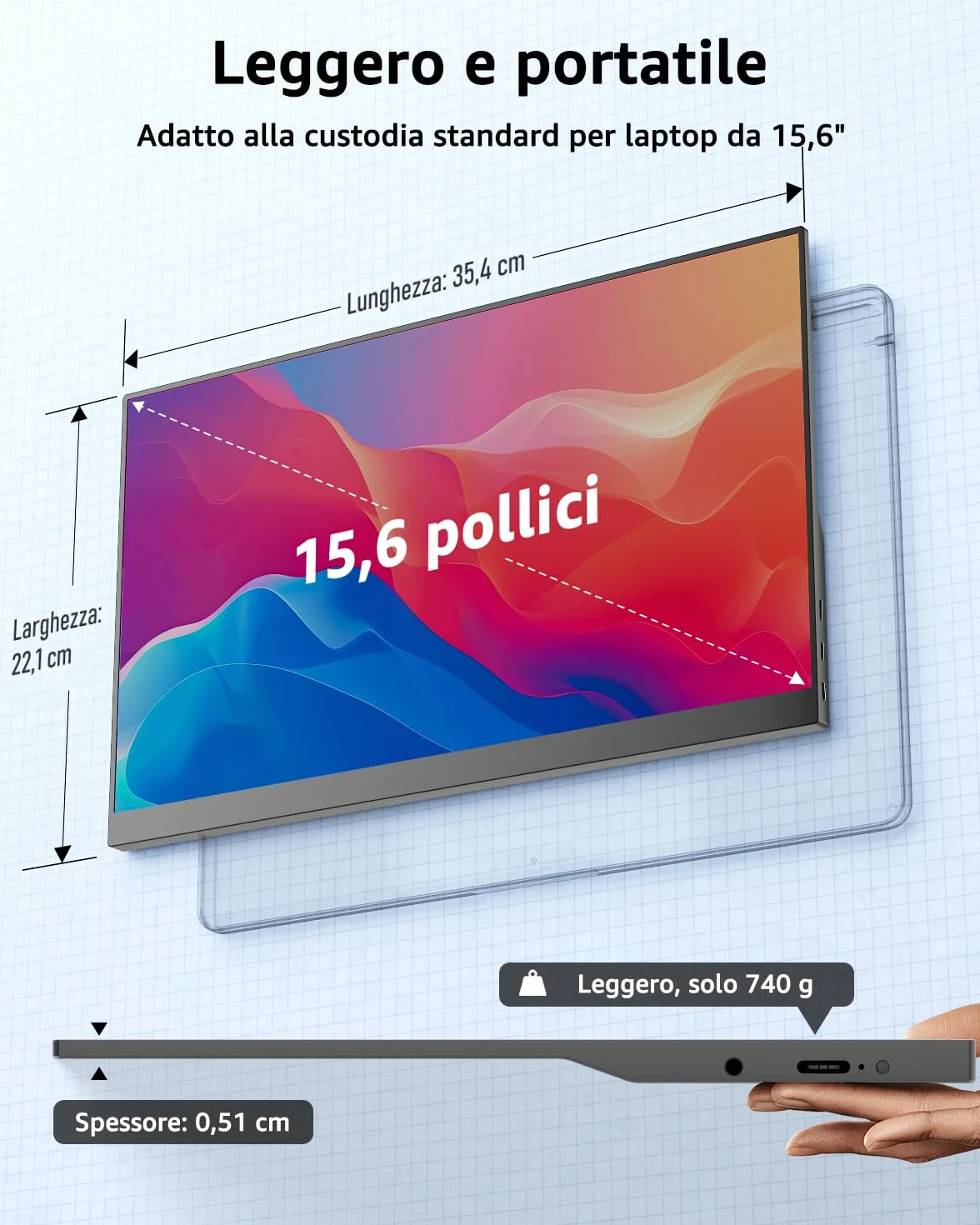 Yodoit Monitor Portatile 15,6" Display IPS FHD 1920x1080P | Secondo Schermo Esterno per laptop con Connettività USB-C e HDMI, con Altoparlanti e Custodia, per PC, Mac, PS3/4/5, Xbox